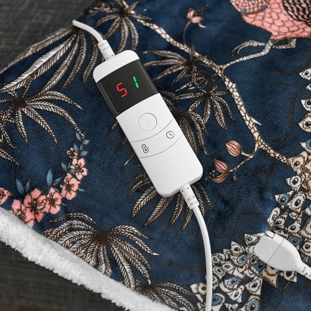 Peacocks Fleece Electric Heated Throw - Blue