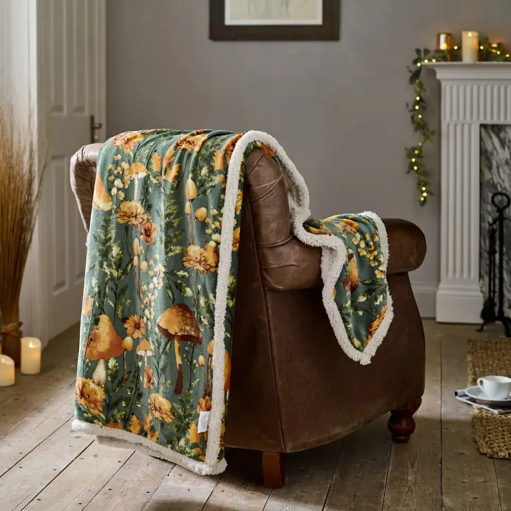 Sage Mushroom Print Throw with Sherpa Reverse - Multi
