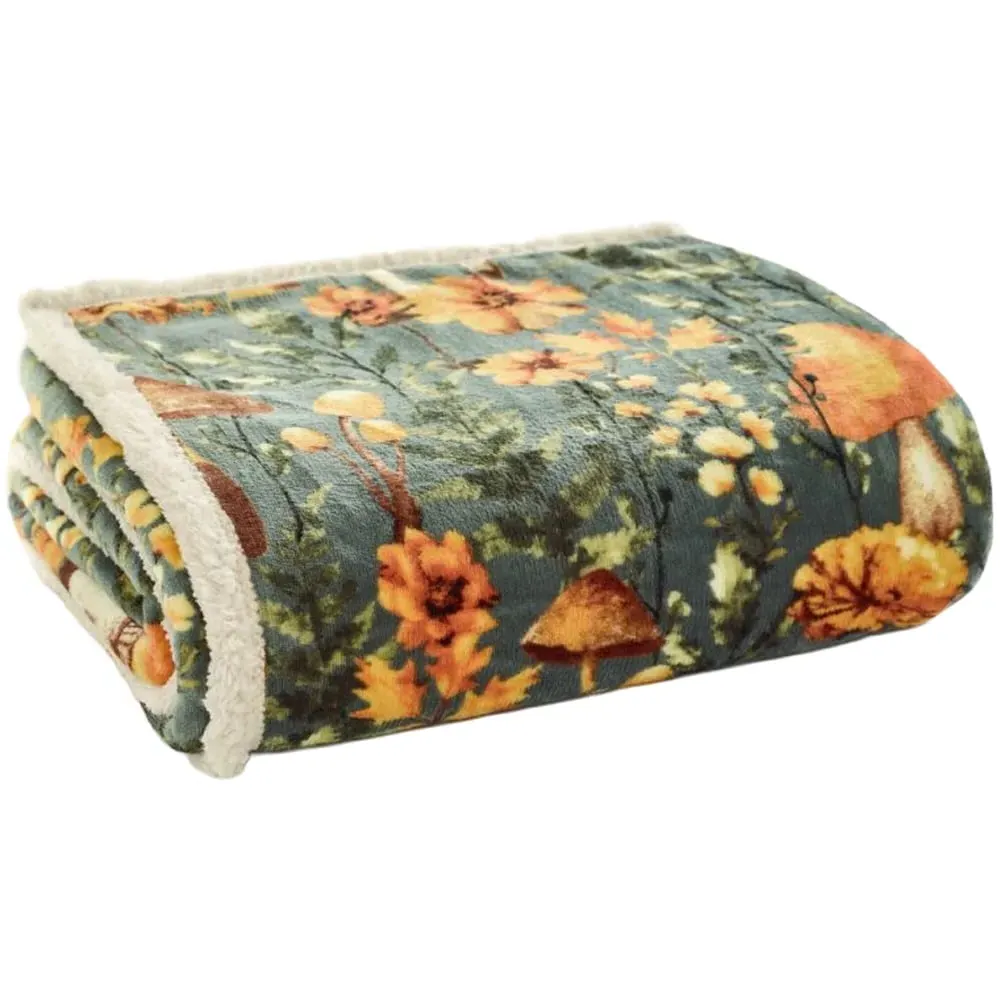 Sage Mushroom Print Throw with Sherpa Reverse - Multi