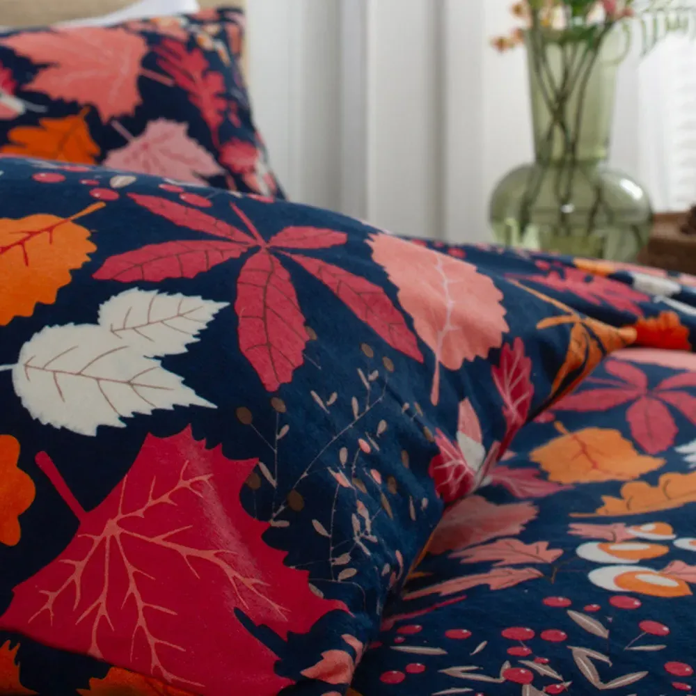 Single Autumn Leaves Brushed Cotton Duvet Set - Blue