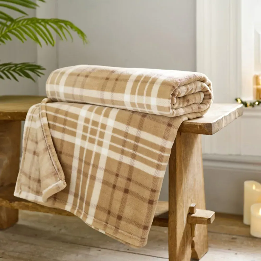 Snuggle Touch Check Throw - Umber, Coral Fleece