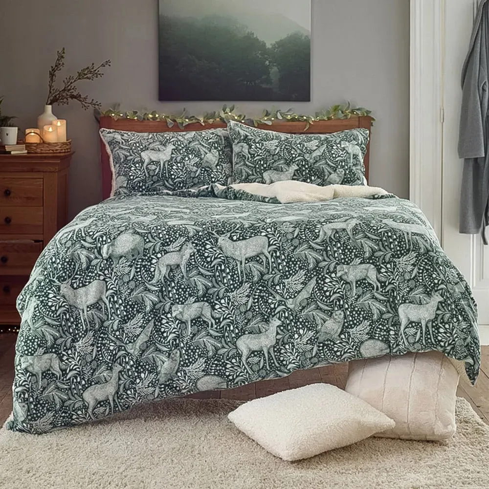 Woodland Folk Double Duvet Set - Dark Sage, Fleece
