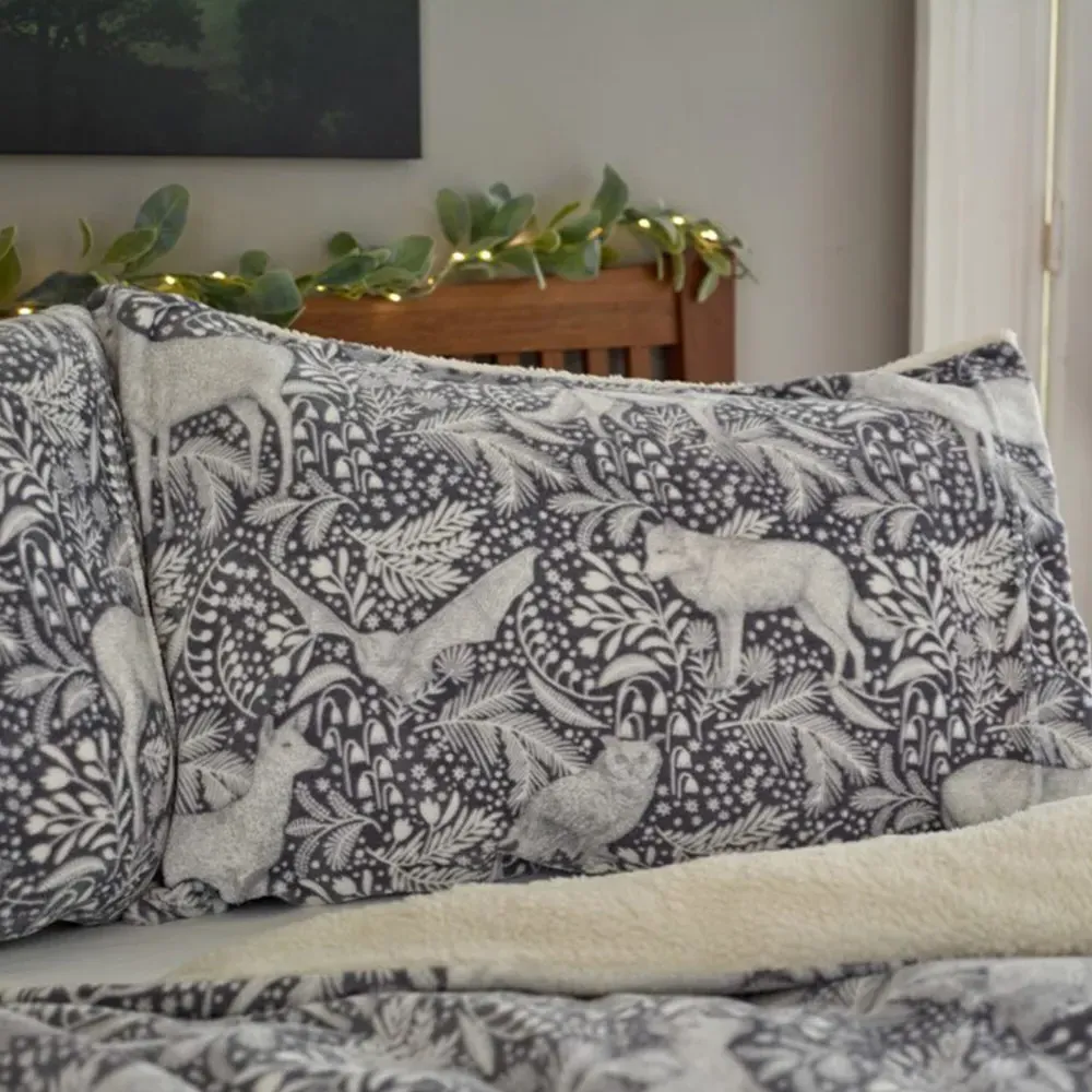 Woodland Folk Double Duvet Set - Grey, Fleece-Sherpa