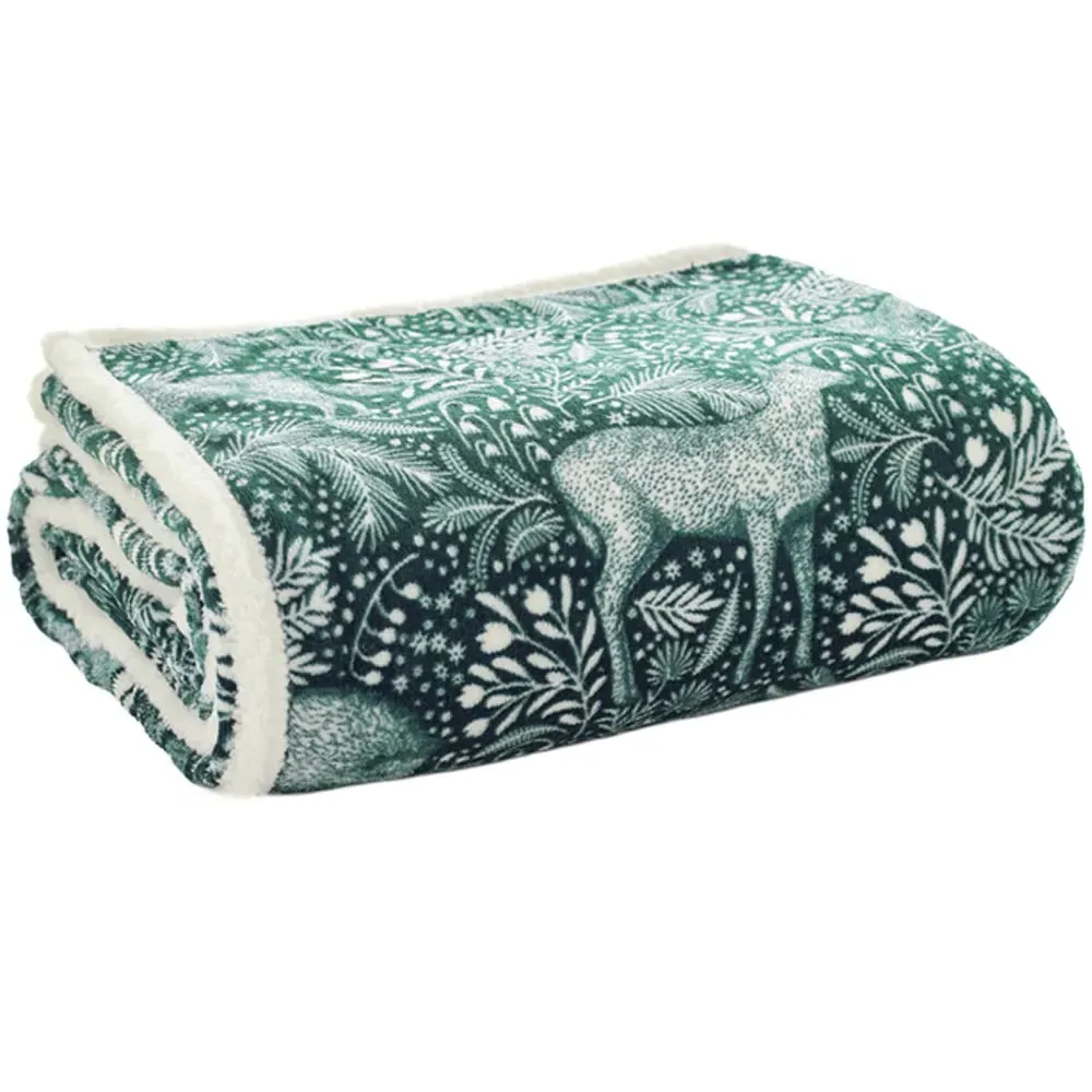 Woodland Folk Flannel and Sherpa Throw - Green image