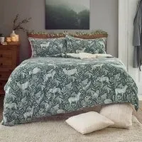 Woodland Folk Single Duvet Set - Dark Sage, Fleece-Sherpa