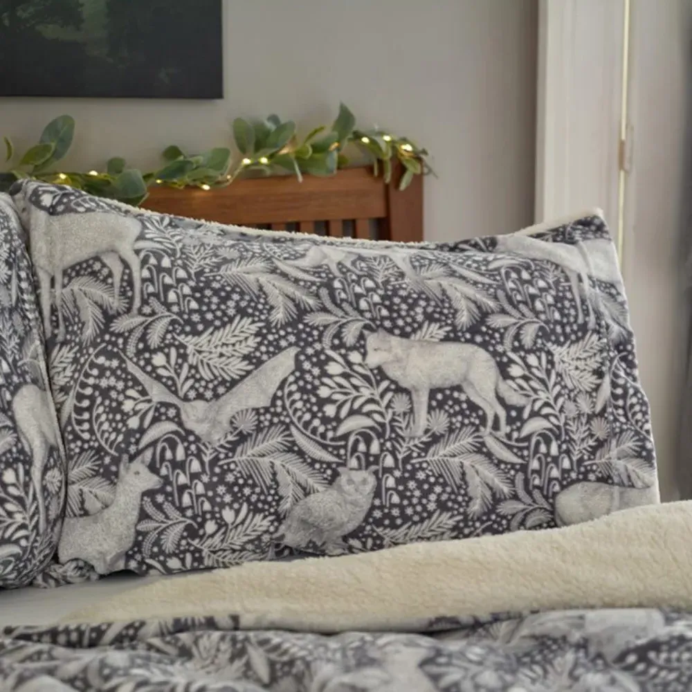 Woodland Folk Single Duvet Set - Grey, Fleece-Sherpa