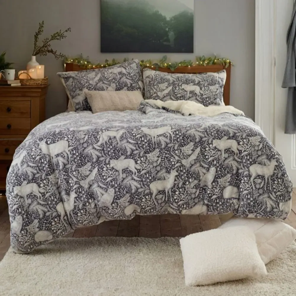 Woodland Folk Single Duvet Set - Grey, Fleece-Sherpa