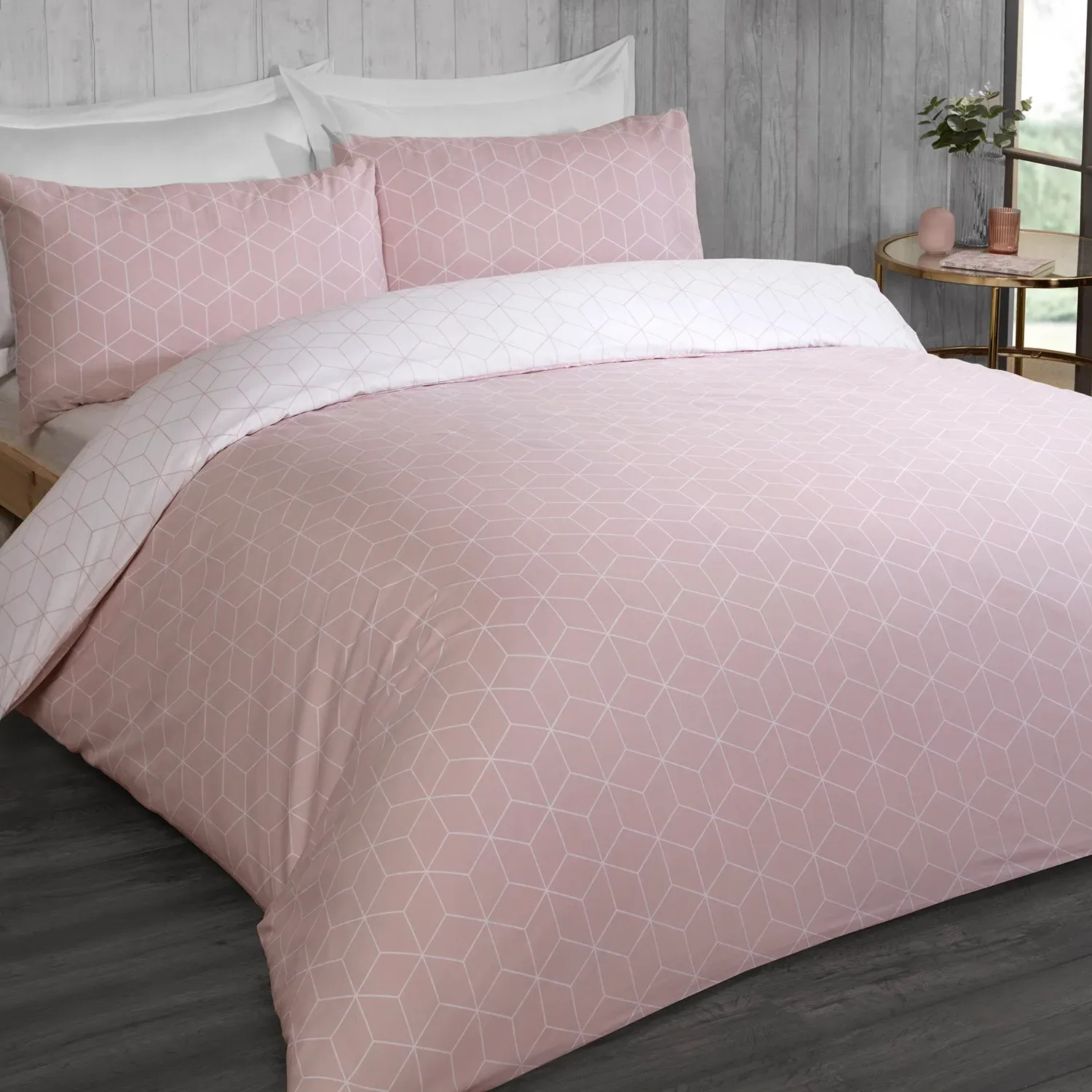 Apollo Geo King Size Duvet Cover and Pillowcase Set - Blush