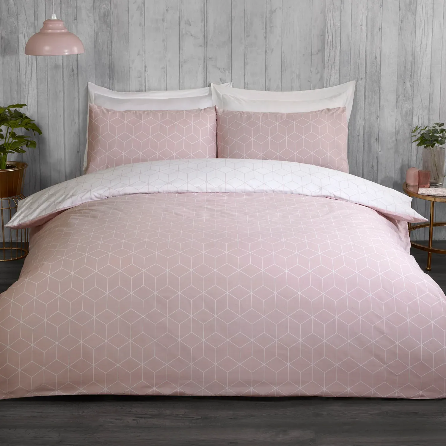 Apollo Geo King Size Duvet Cover and Pillowcase Set - Blush
