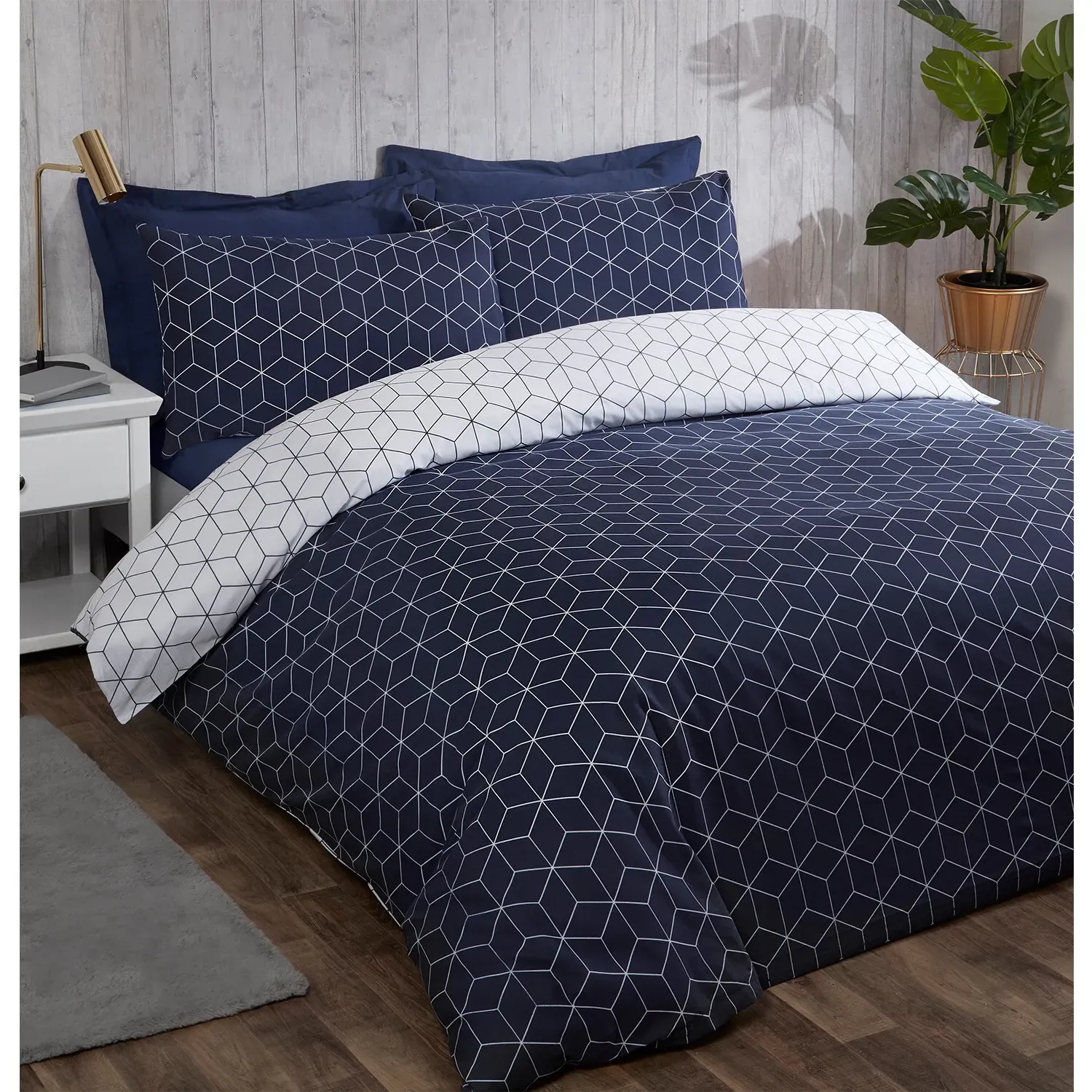 Apollo Geo King Size Duvet Cover and Pillowcase Set - Navy