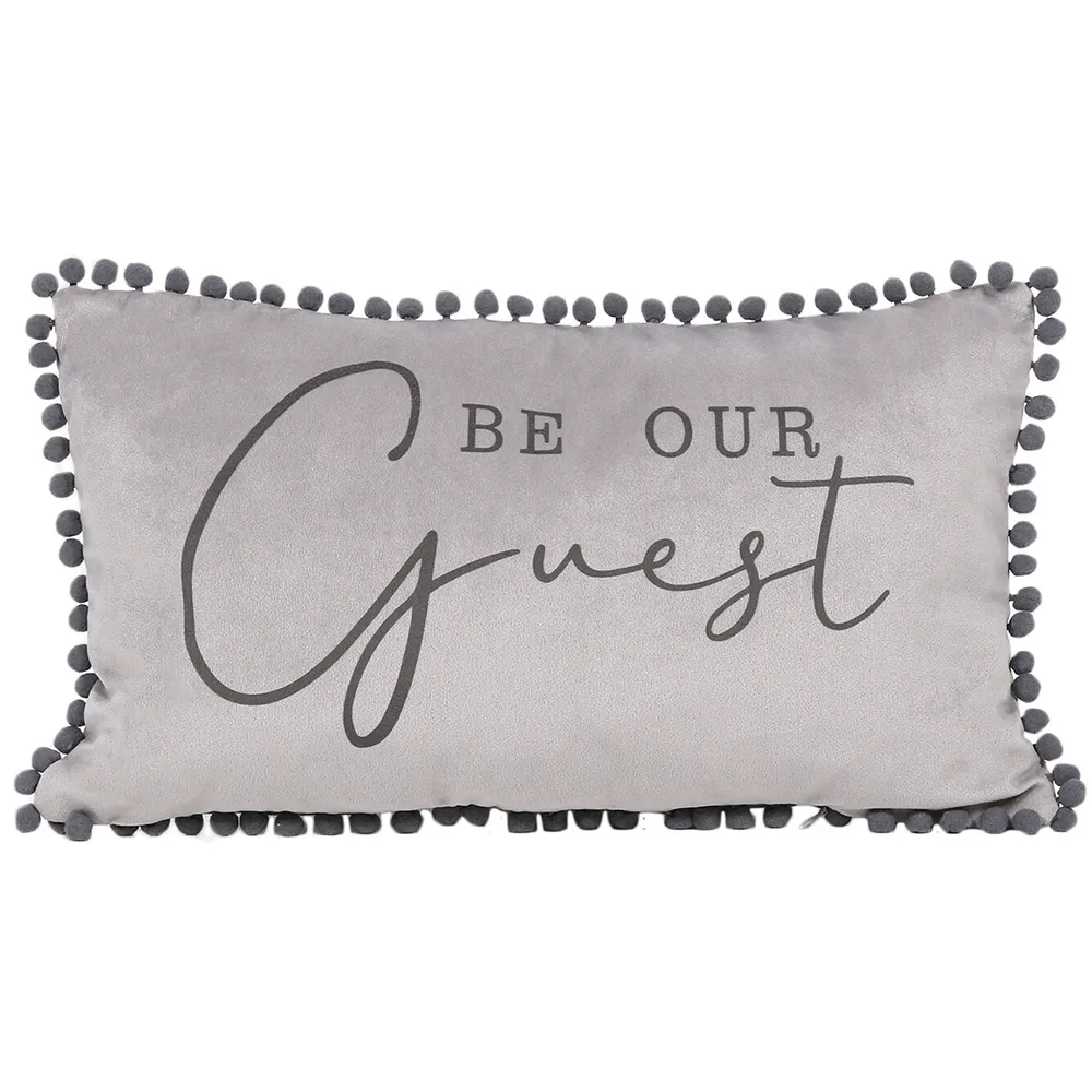 Be Our Guest Cushion with Pom Pom Trim - Grey, Linen image