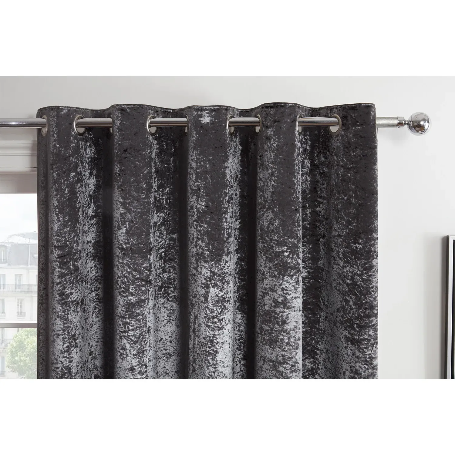 Charcoal Crushed Velvet Eyelet Curtain - Charcoal, Velvet