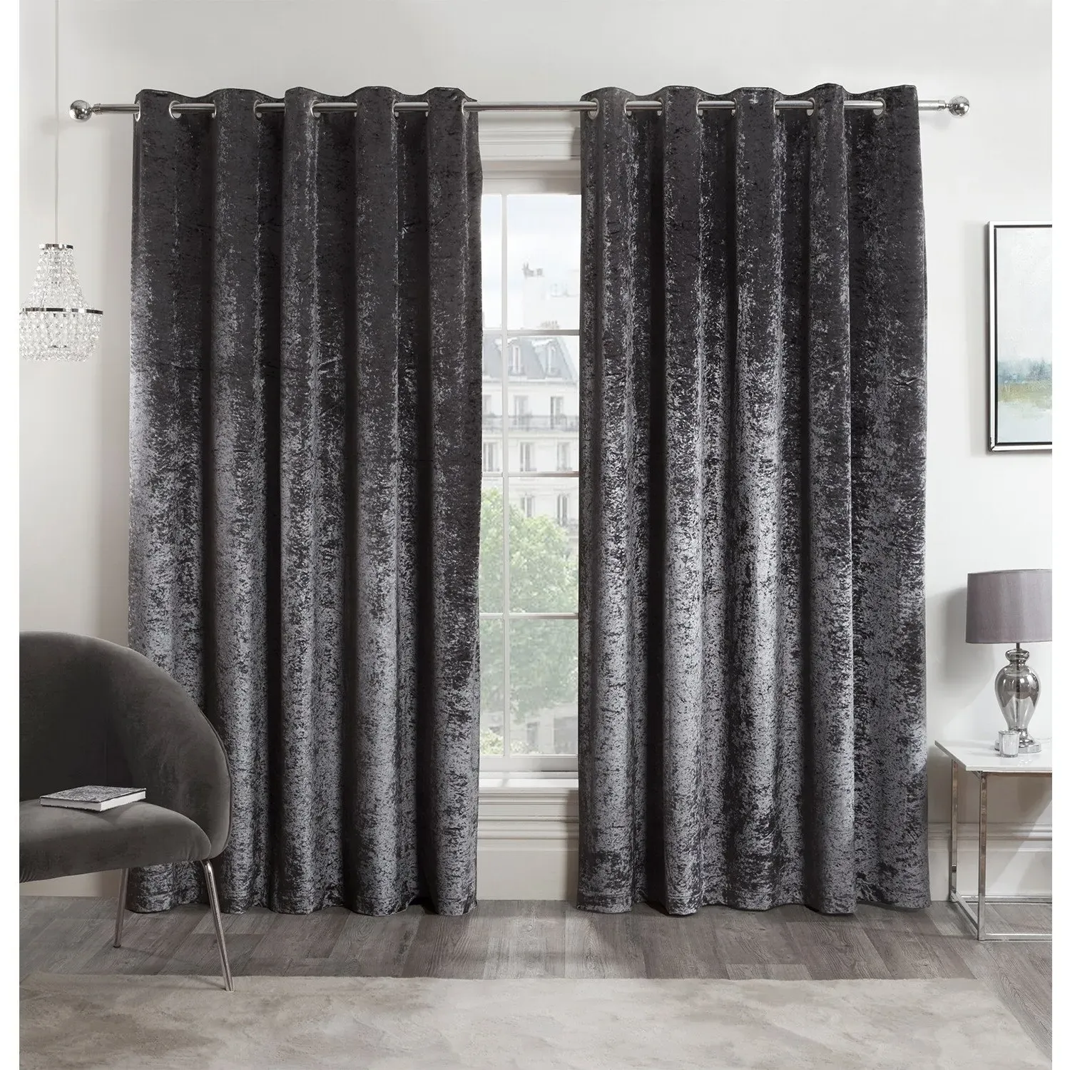Charcoal Crushed Velvet Eyelet Curtain - Charcoal, Velvet