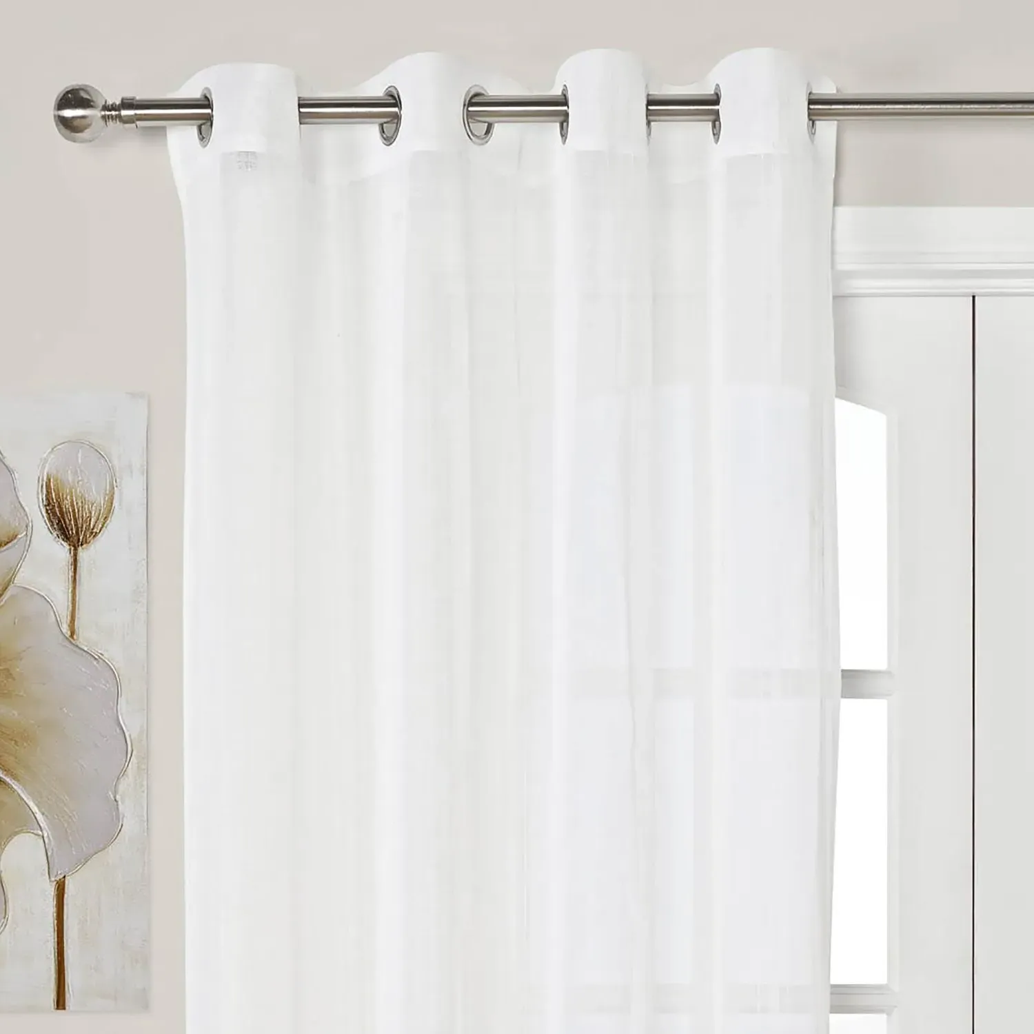 Chenille Stripe Eyelet Voile Panel Curtains - White image
