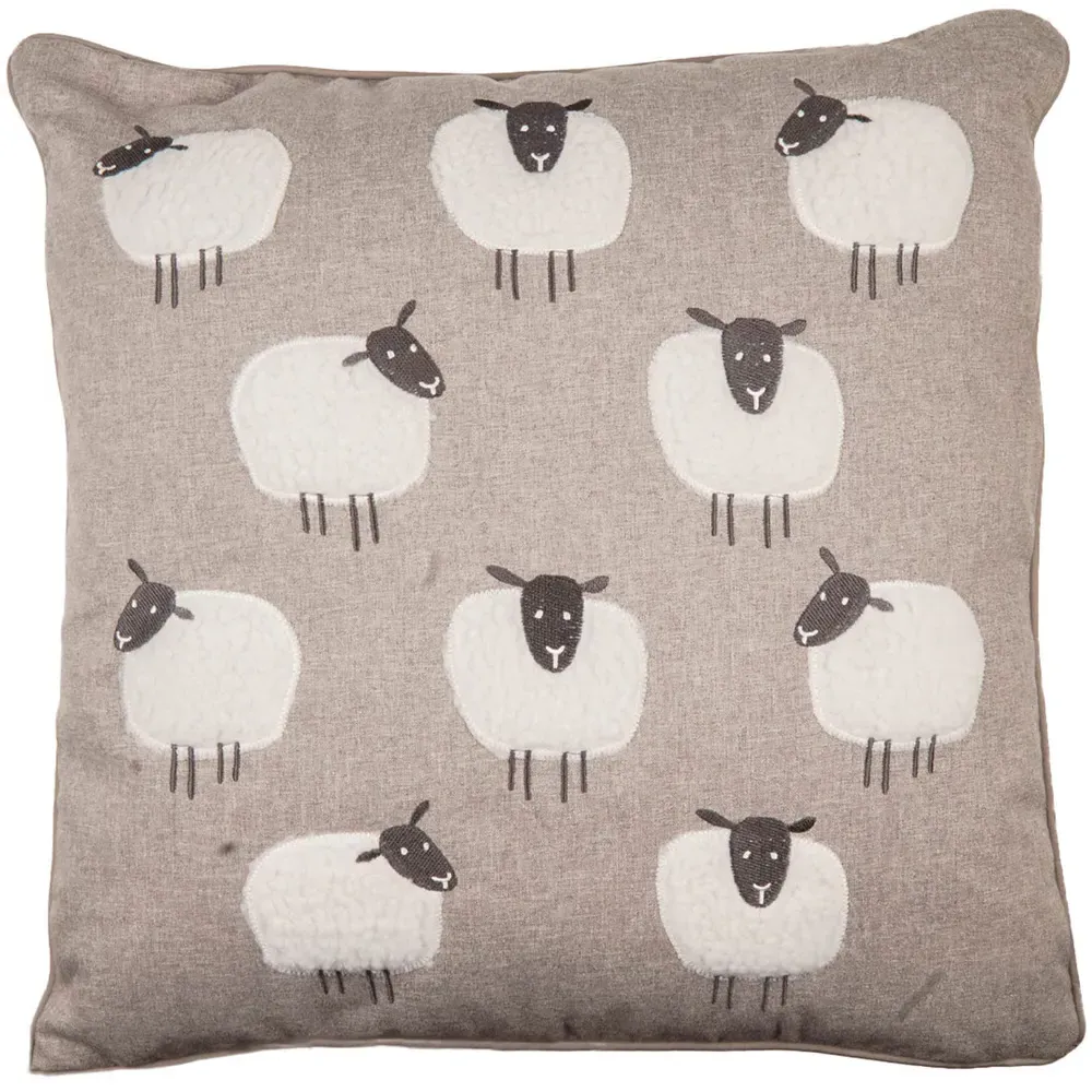 Counting Sheep Square Cushion with Applique - Brown, Sherpa