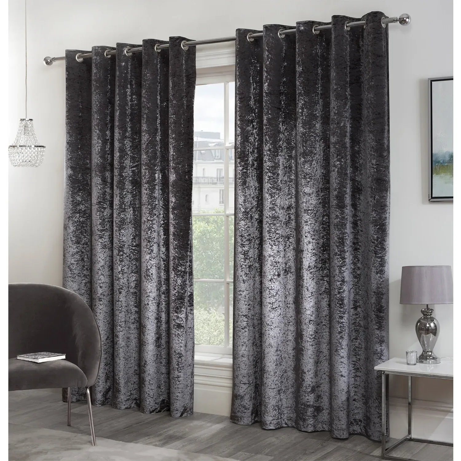 Crushed Velvet Eyelet Curtains - Charcoal
