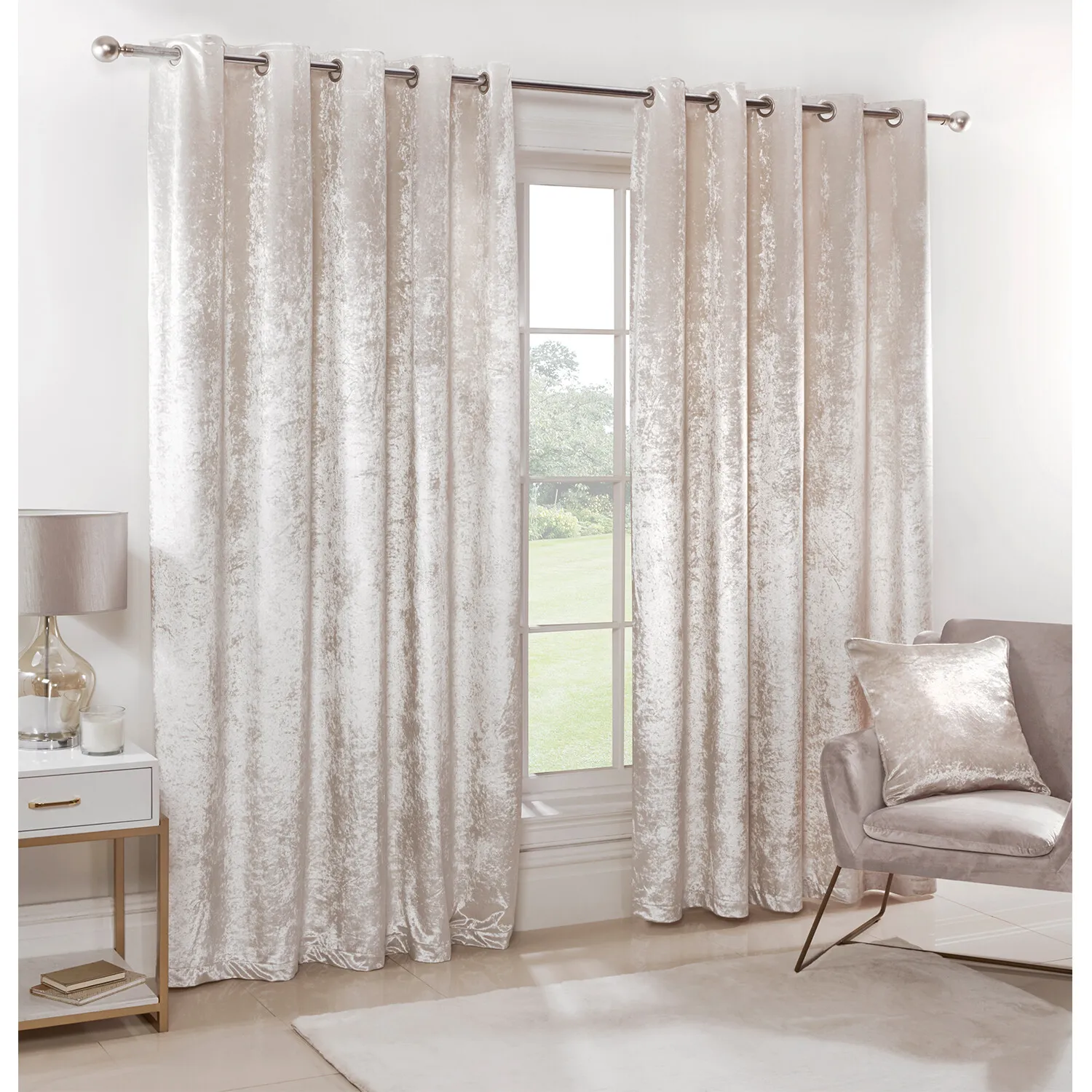 Crushed Velvet Eyelet Curtains - Ivory