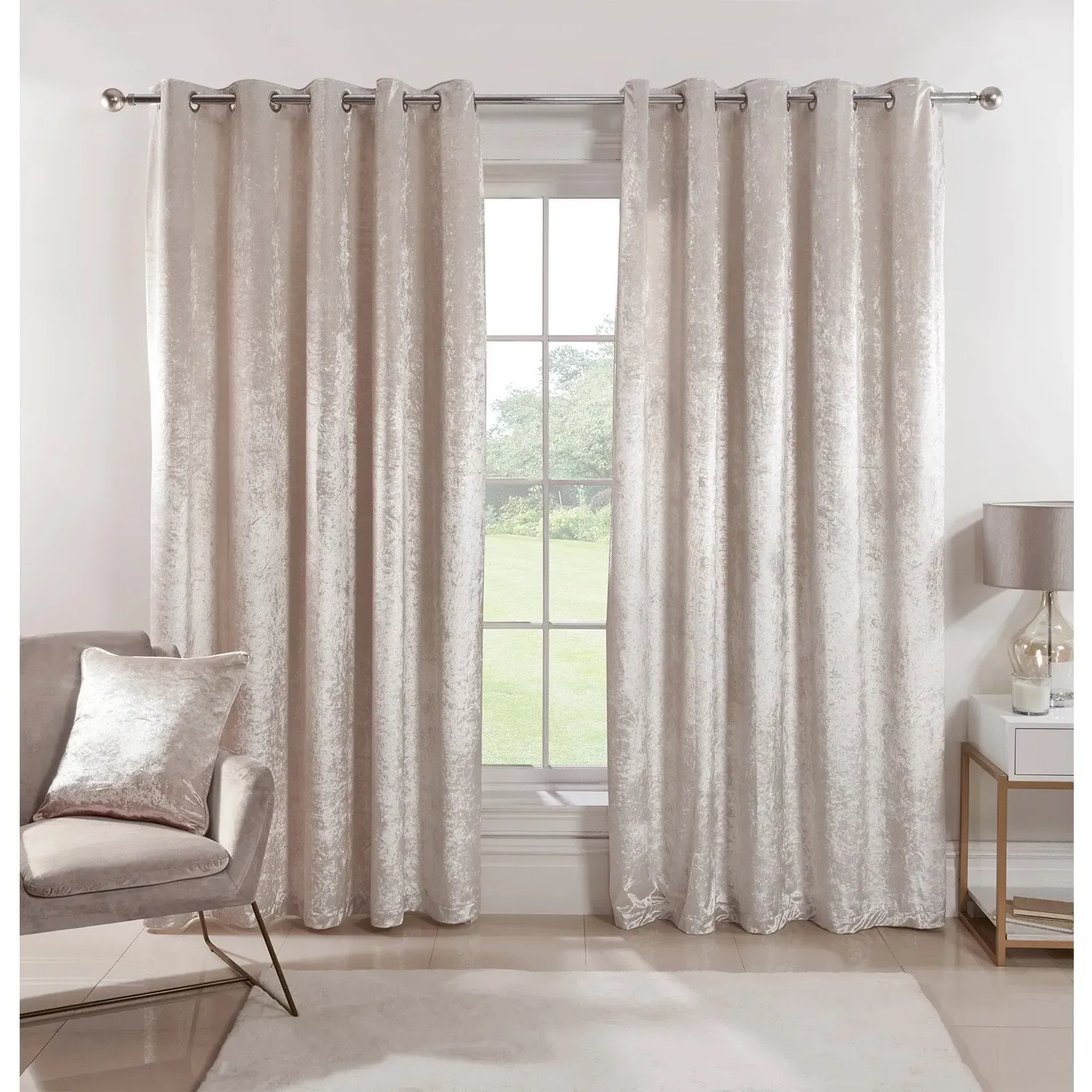Crushed Velvet Eyelet Curtains - Ivory