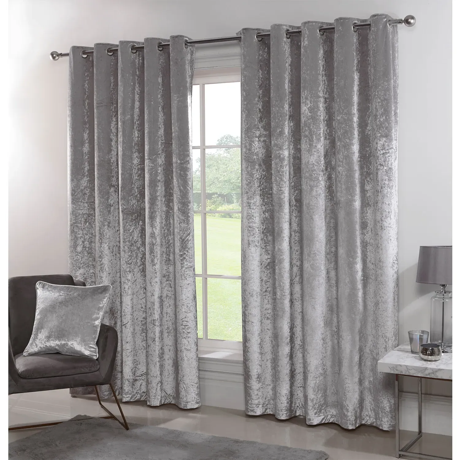 Crushed Velvet Eyelet Curtains - Silver