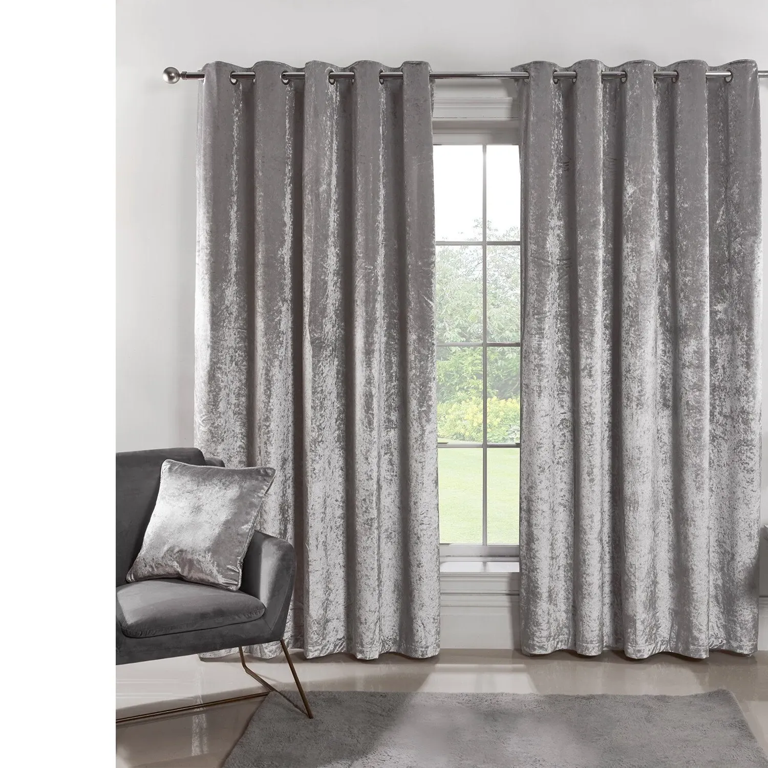 Crushed Velvet Eyelet Curtains - Silver