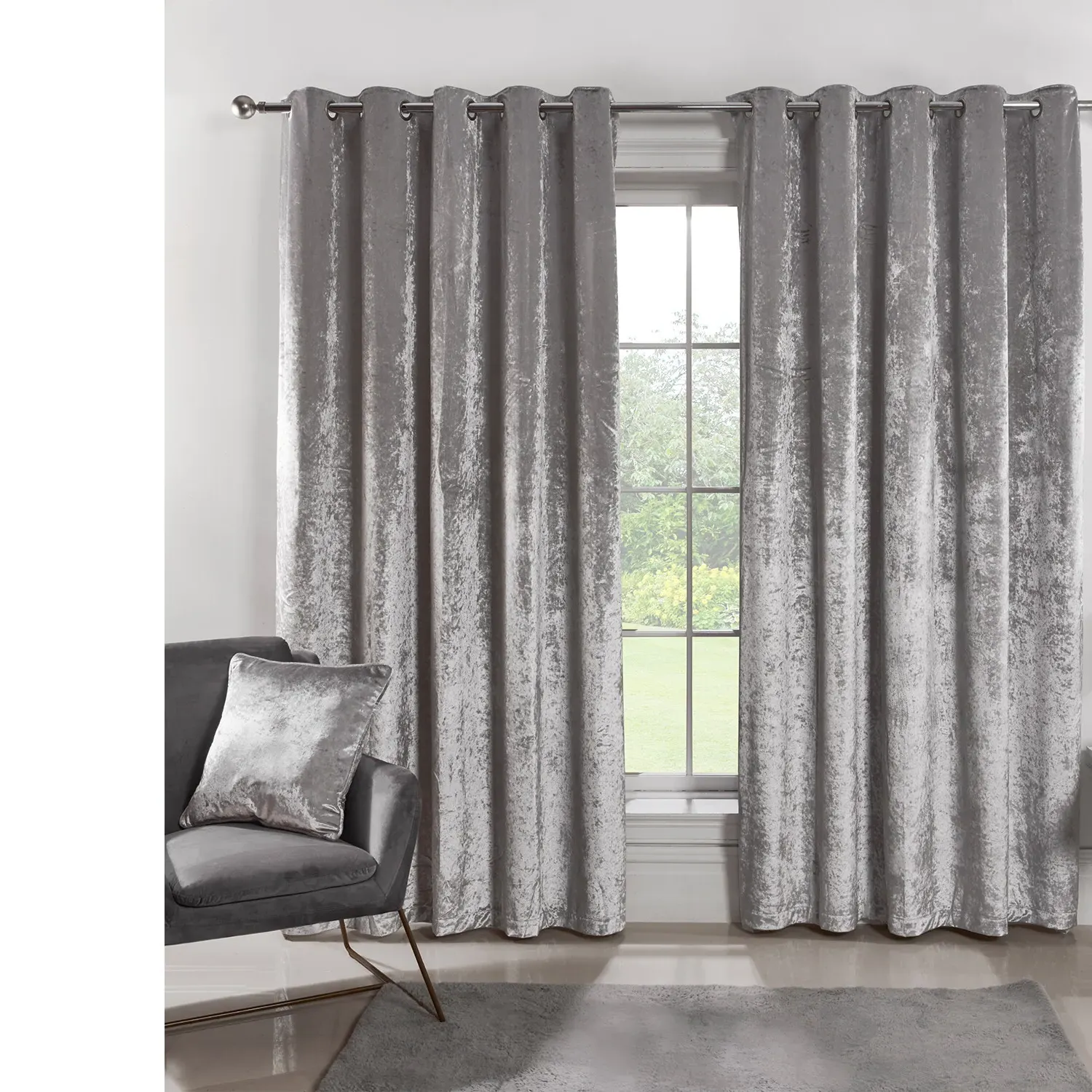 Crushed Velvet Eyelet Curtains - Silver