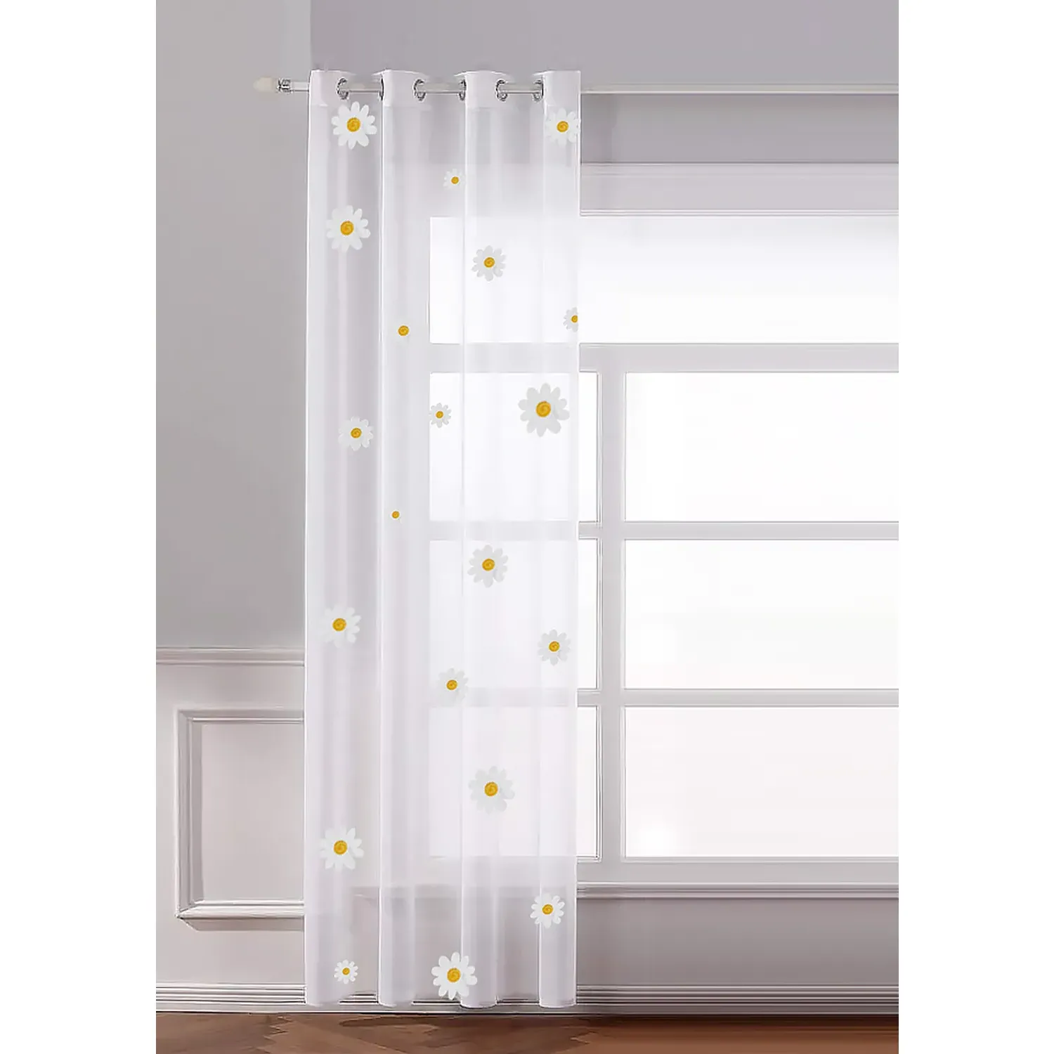 Daisy Embroidered Voile Curtain - White, Yellow