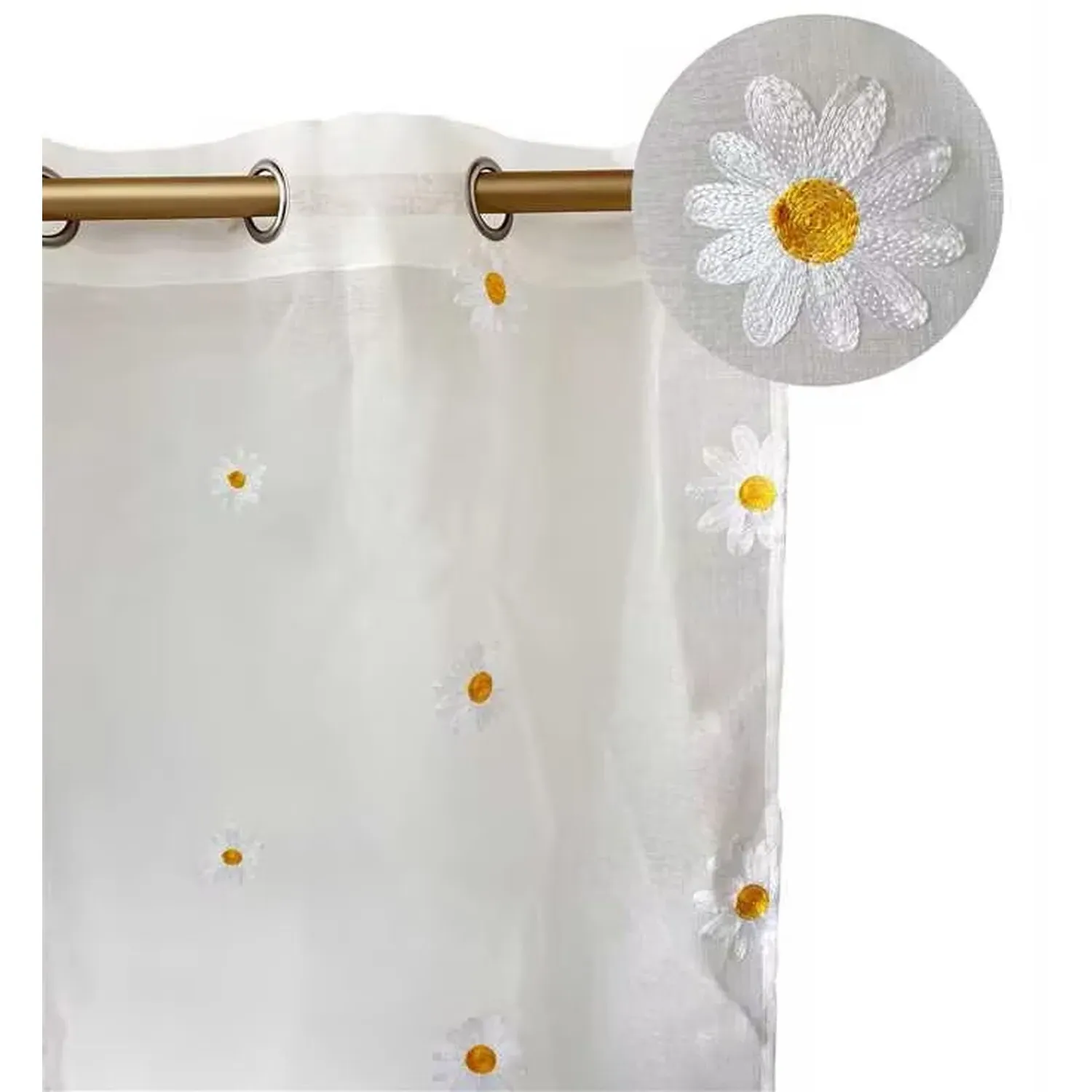 Daisy Embroidered Voile Curtain - White, Yellow