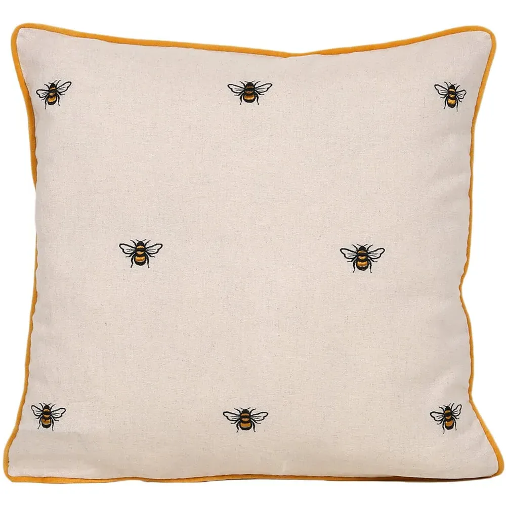Embroidered Bee Cushion - Yellow, Linen Blend image