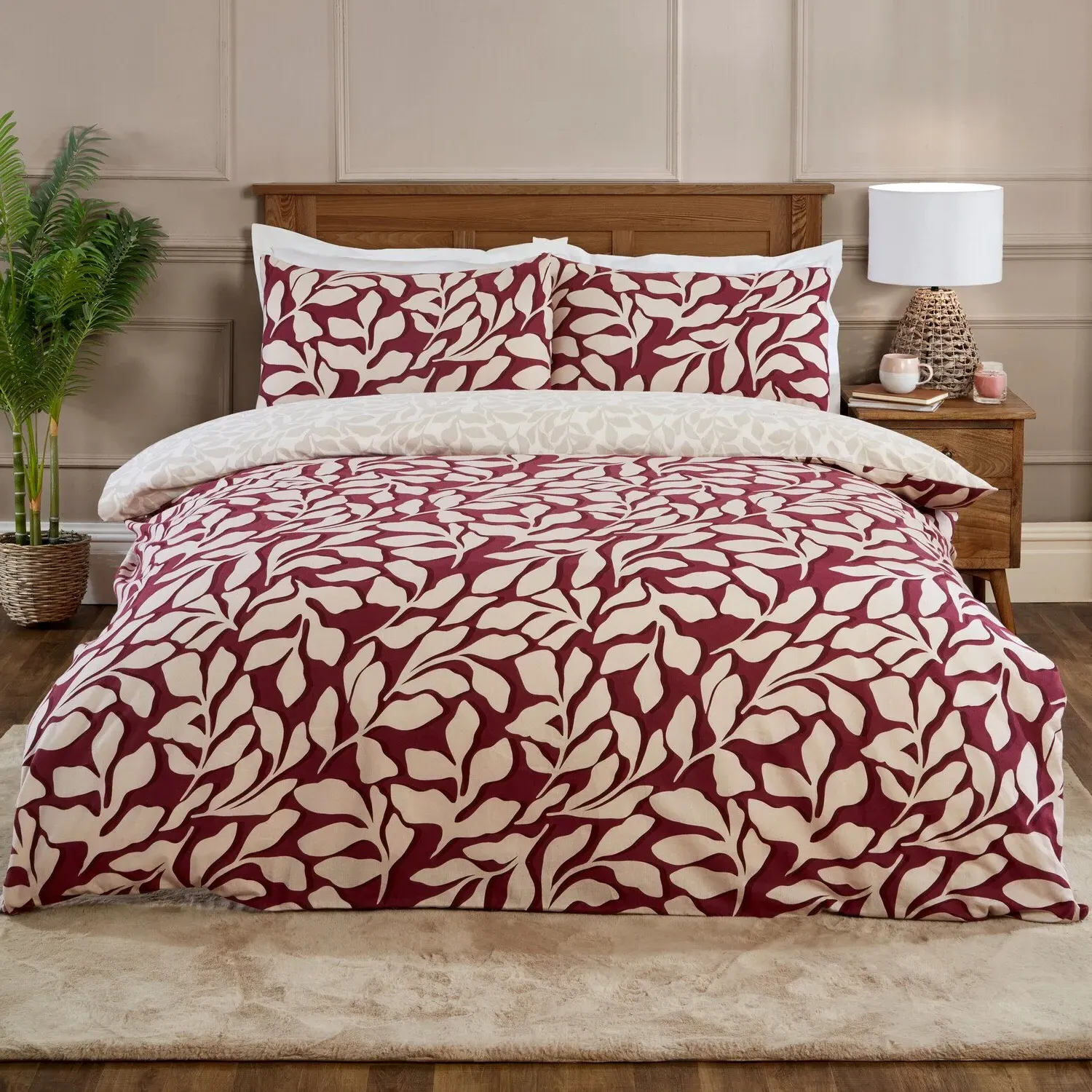 Carolina Leaf Double Duvet Set - Burgundy, Cotton