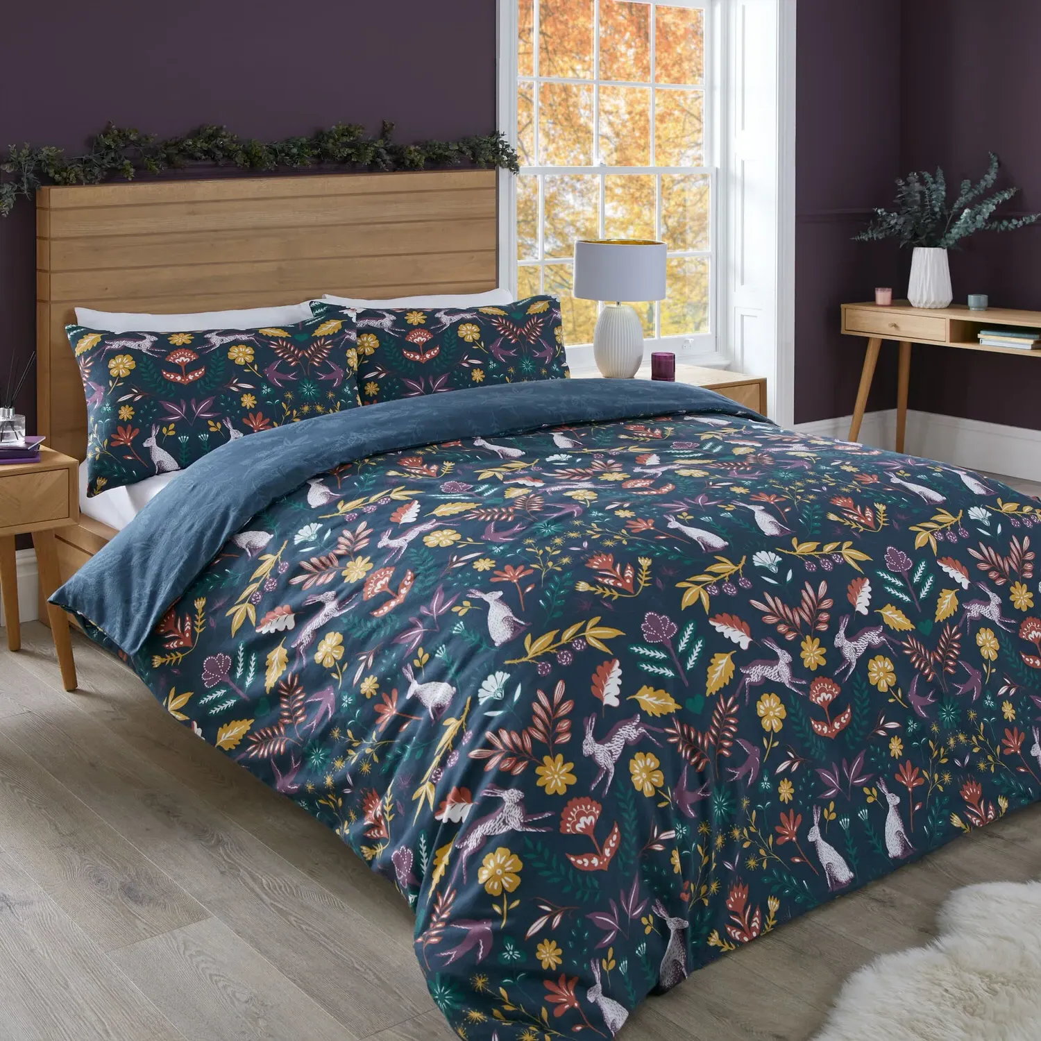 Folky Forest Double Duvet Cover and Pillowcase Set - Navy
