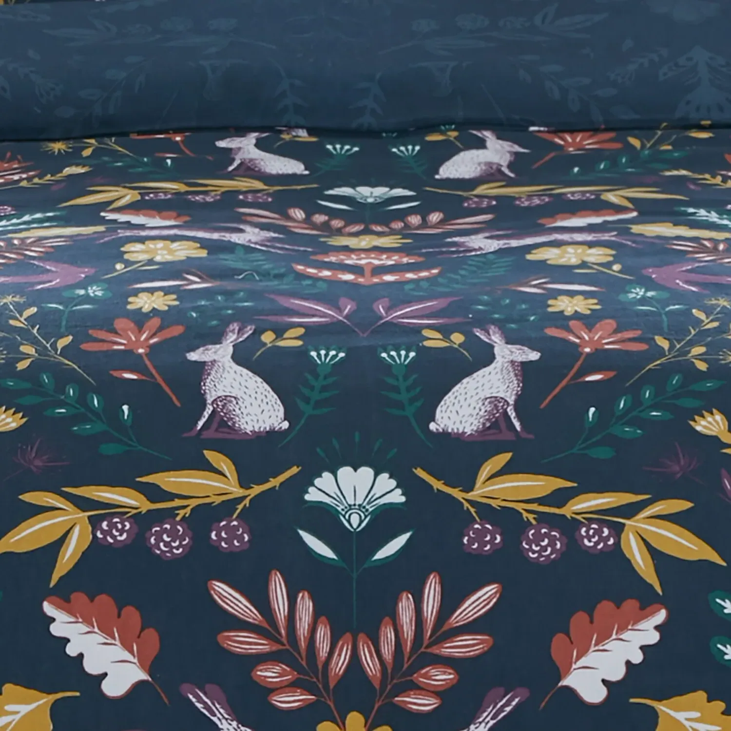 Folky Forest Double Duvet Cover and Pillowcase Set - Navy
