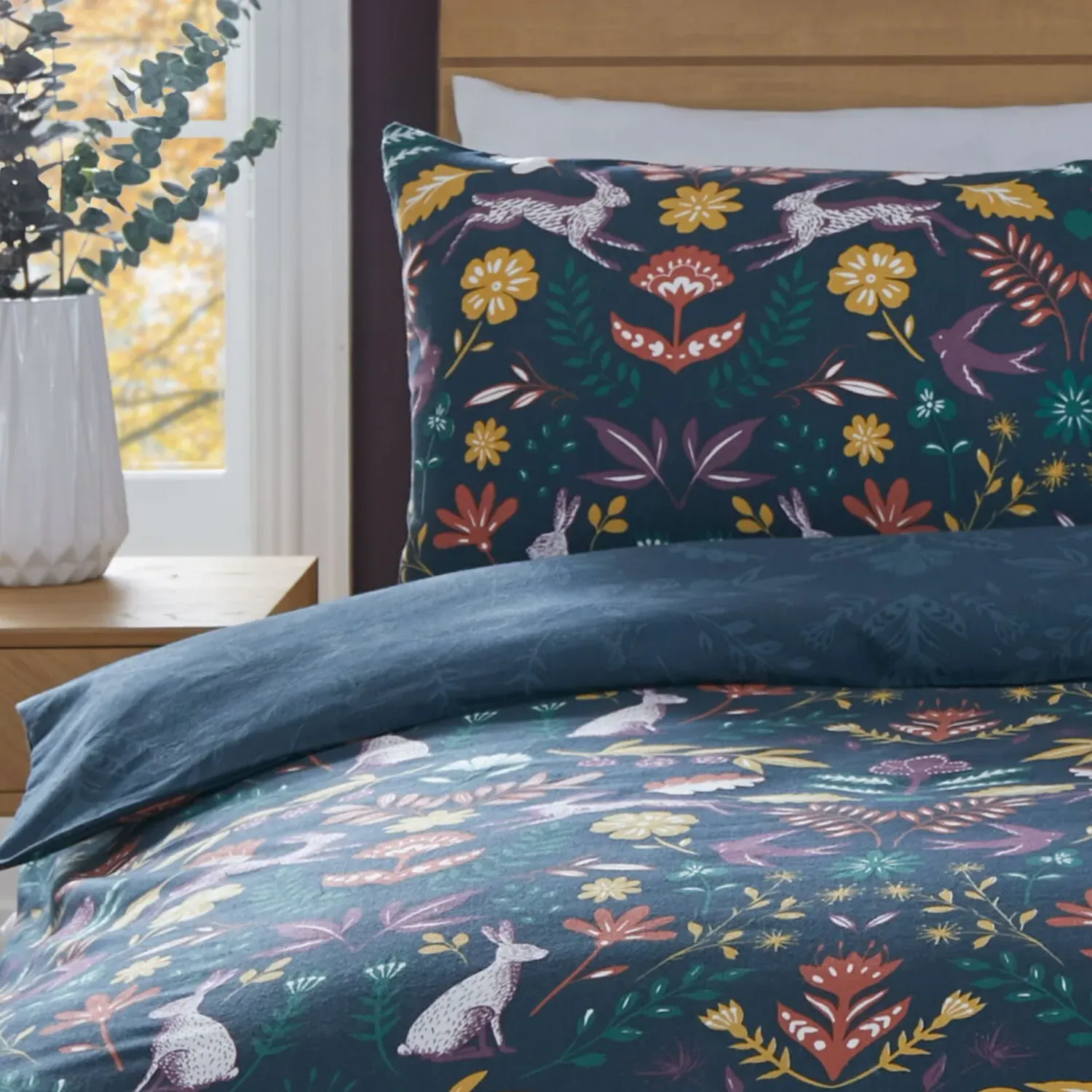 Folky Forest King Duvet Cover and Pillowcase Set - Navy