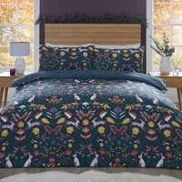 Folky Forest King Duvet Cover and Pillowcase Set - Navy
