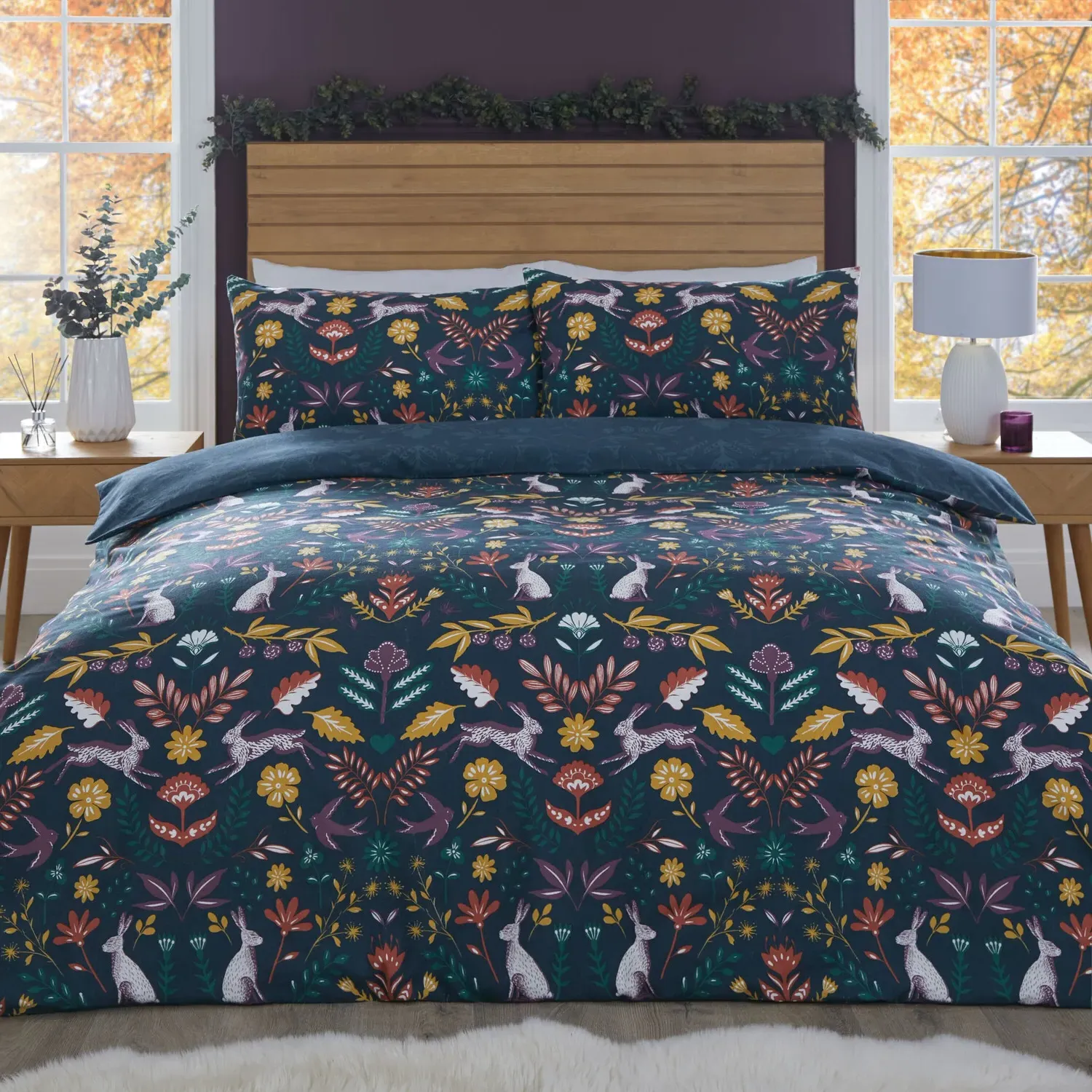 Folky Forest King Duvet Cover and Pillowcase Set - Navy