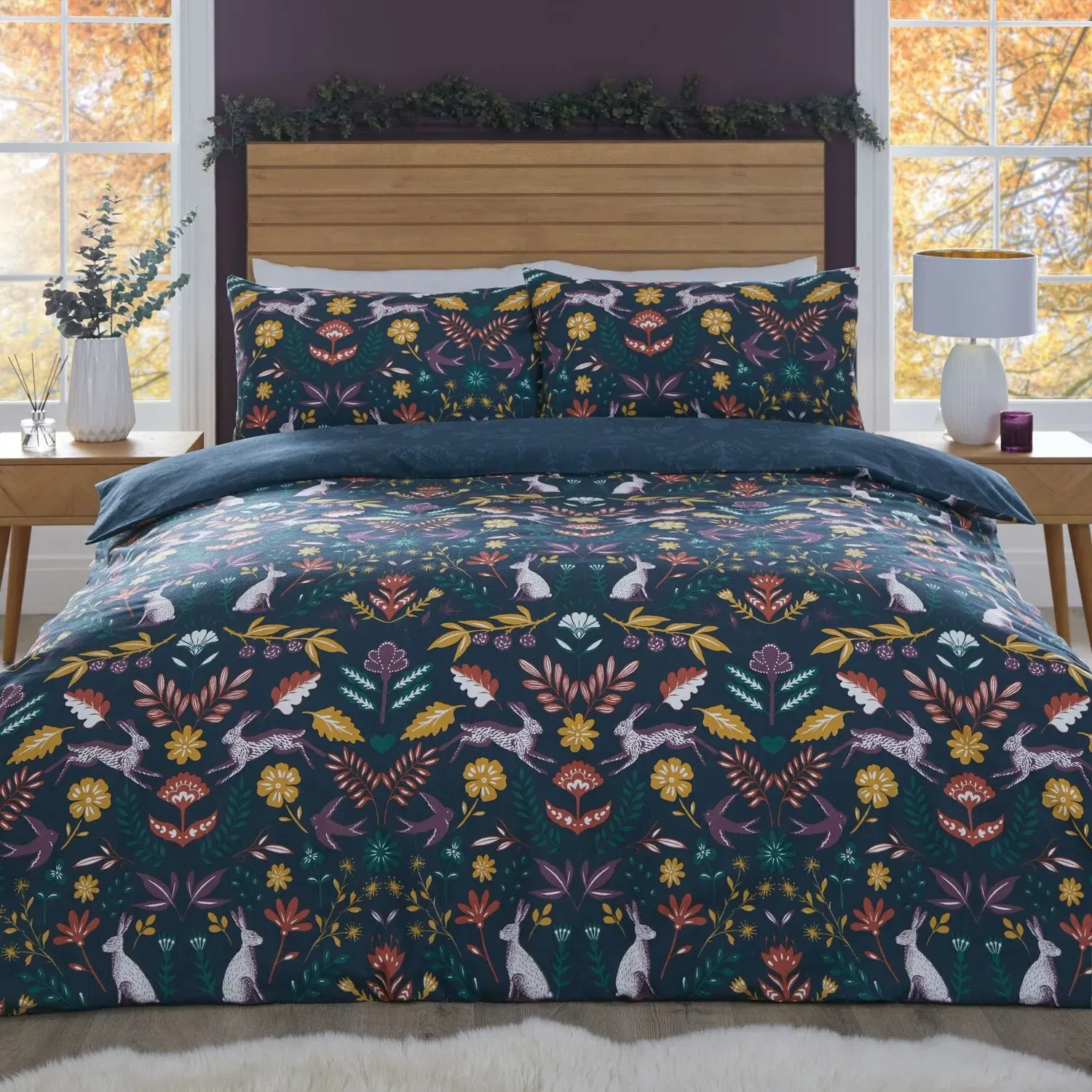 Folky Forest Superking Duvet Cover and Pillowcase Set - Navy