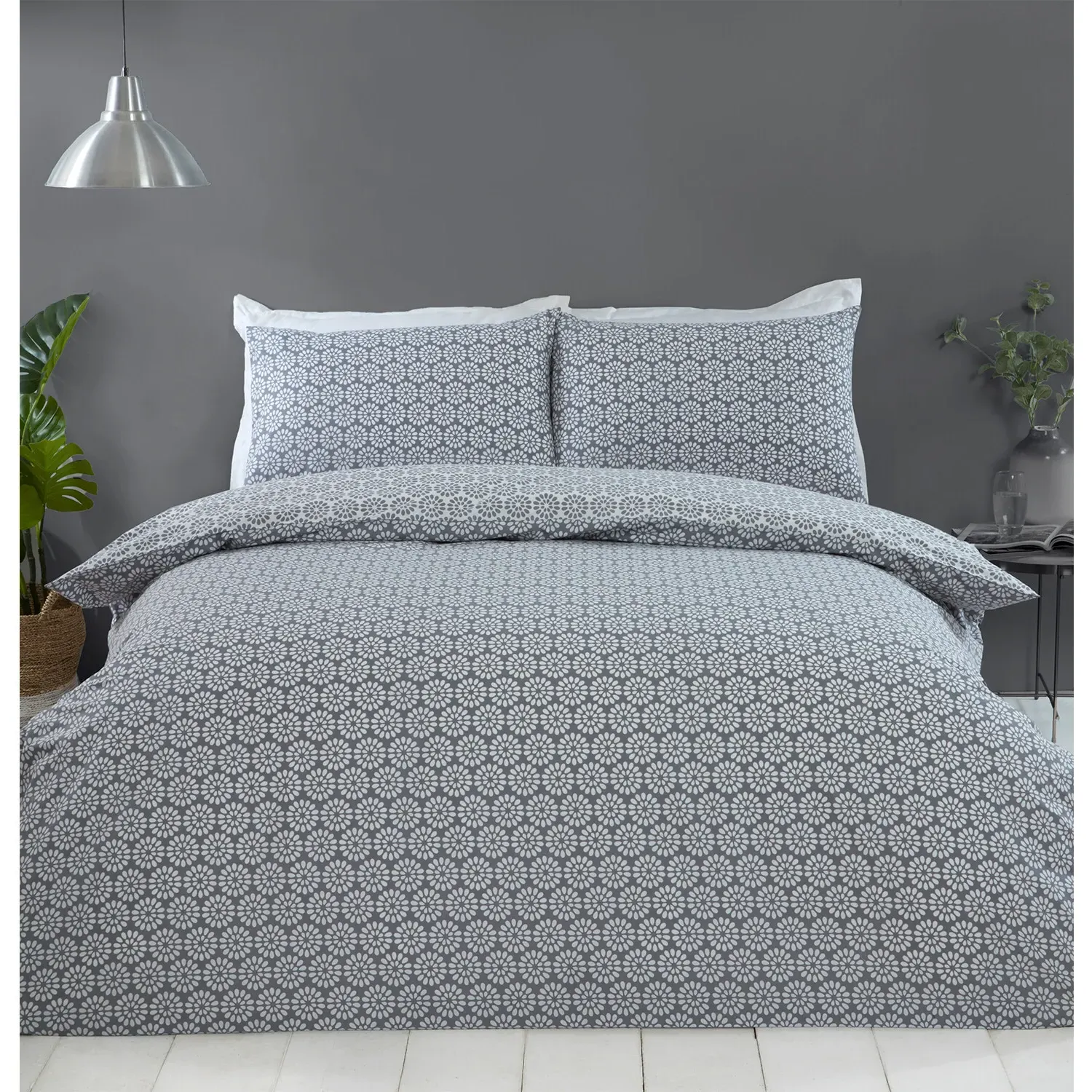 Geo Blossom King Size Duvet Cover Set - Grey