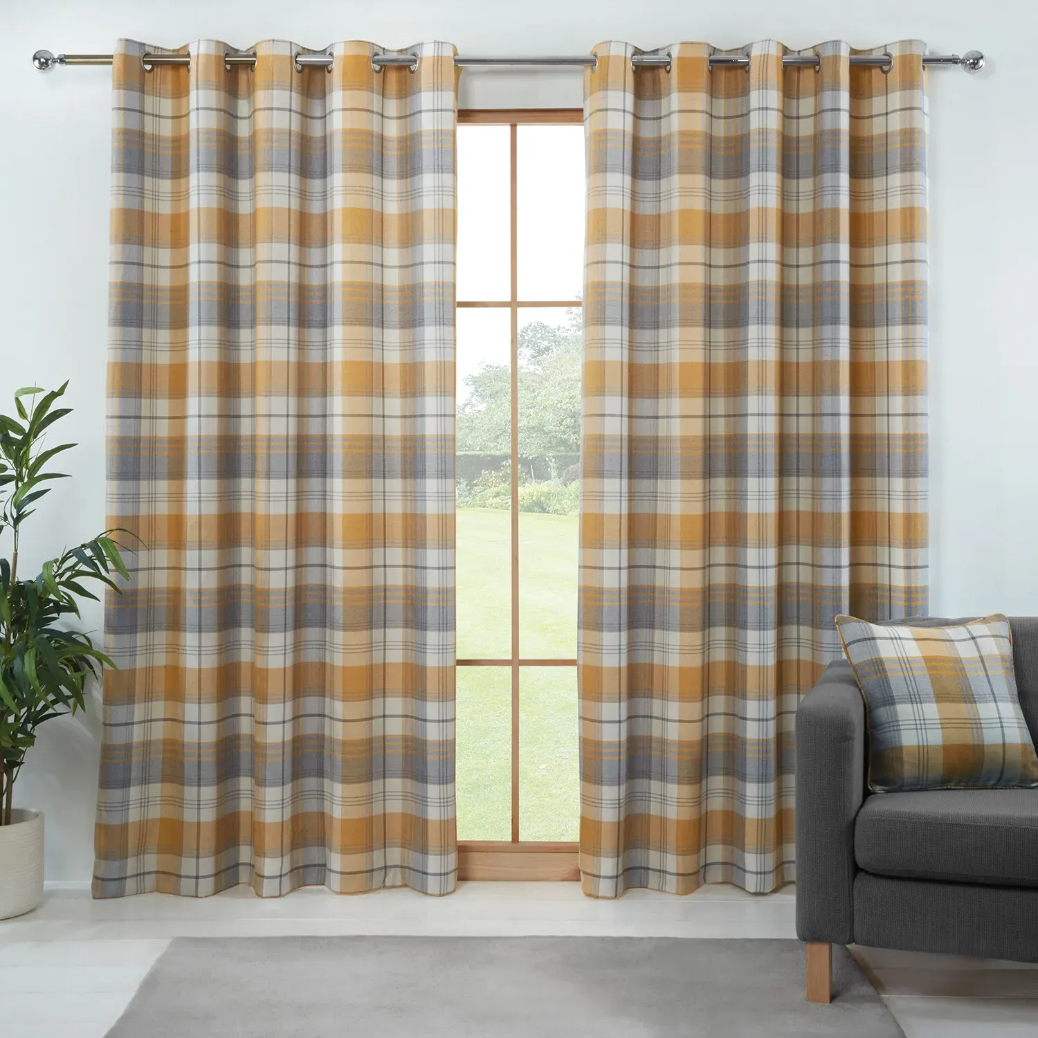 Hamilton Check Eyelet Curtains - Ochre