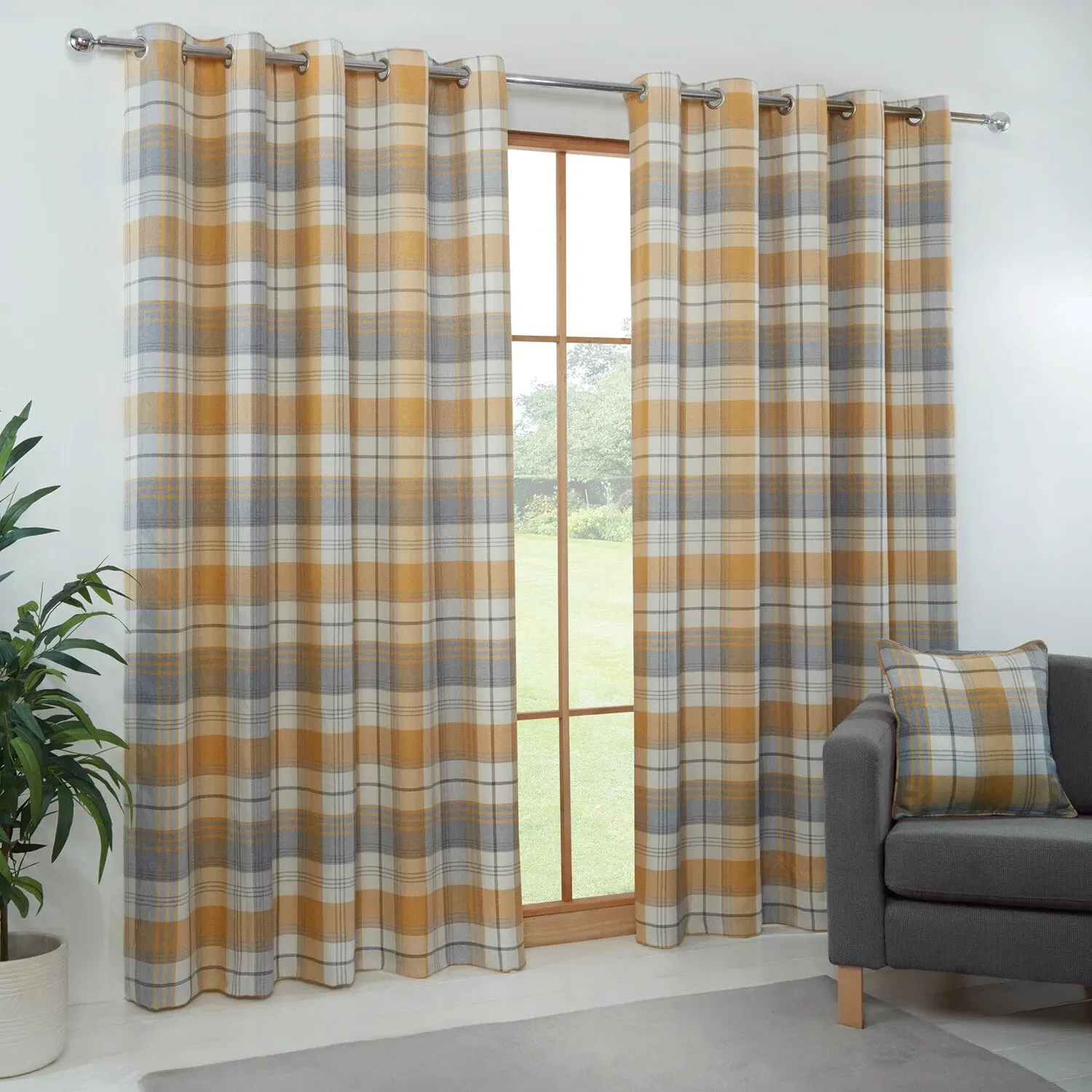 Hamilton Check Eyelet Curtains - Ochre