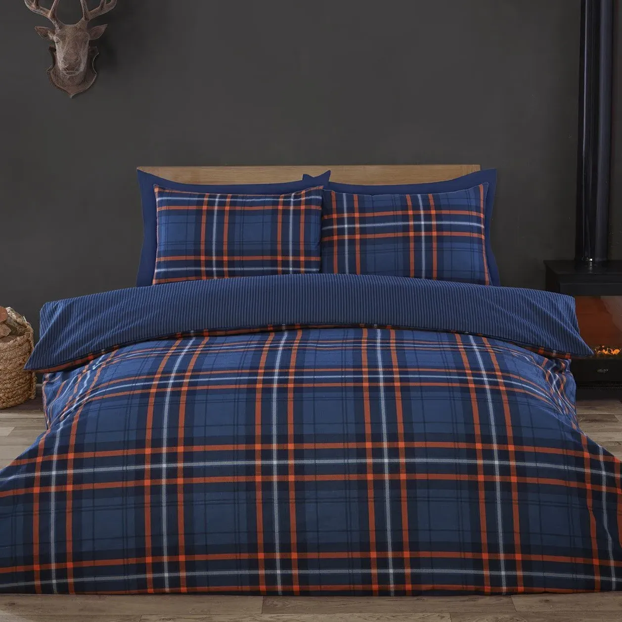 Harrison Check Super King Duvet Cover Set - Navy, Cotton