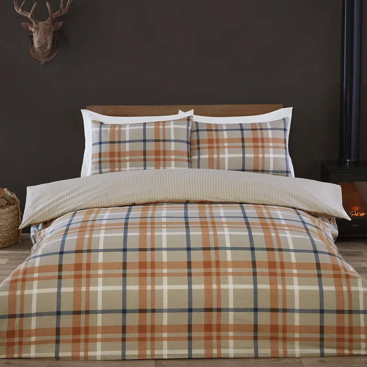 Harrison Check Super King Duvet Cover Set - Rust, Cotton