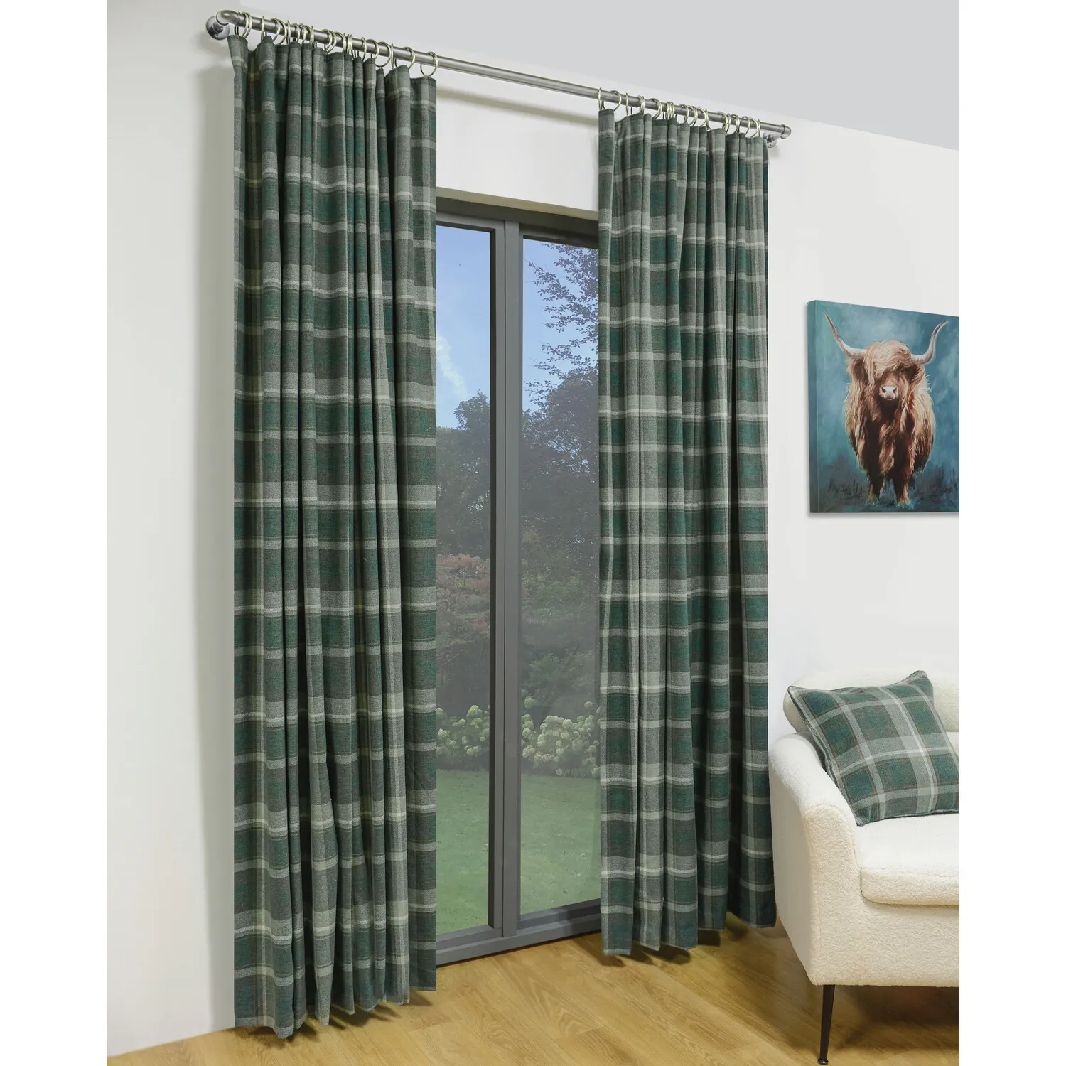 Highbury Check Curtains - Dark Green, Cotton