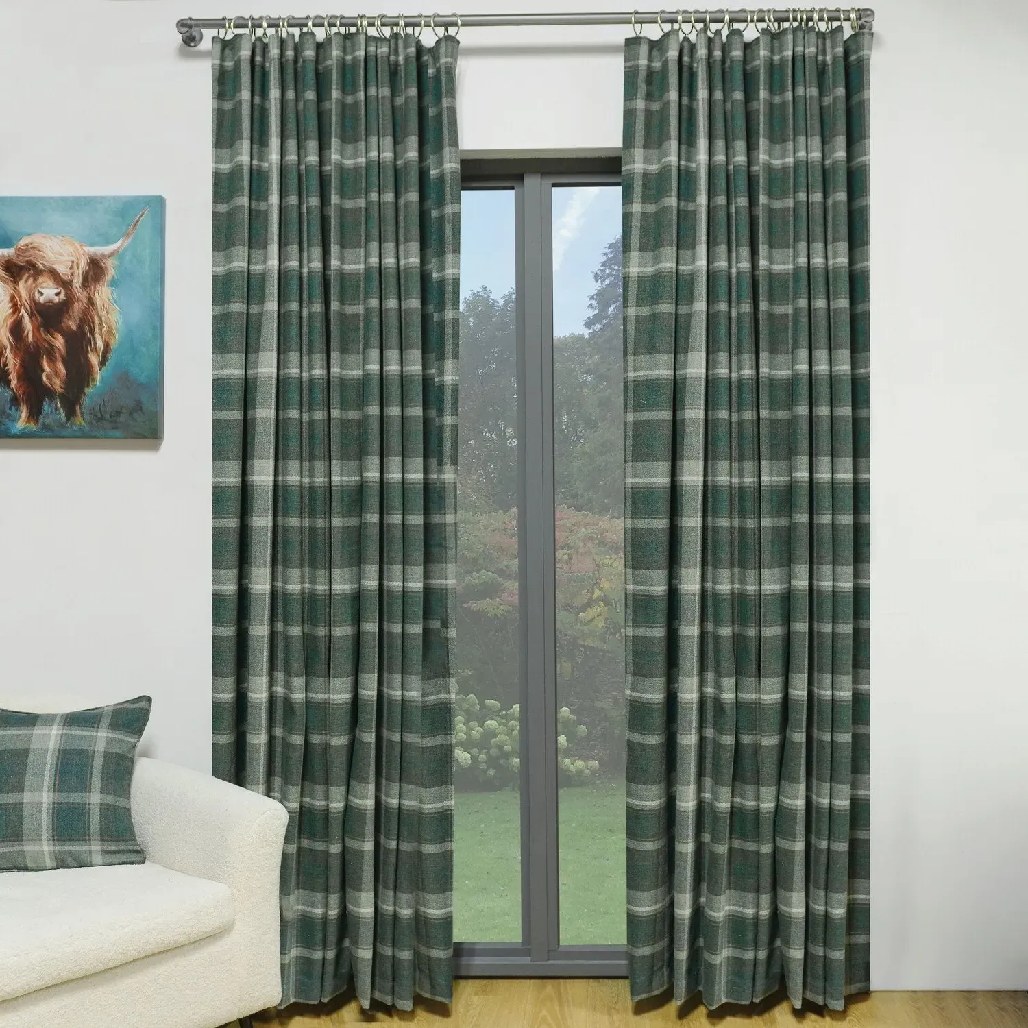 Highbury Check Curtains - Dark Green, Cotton