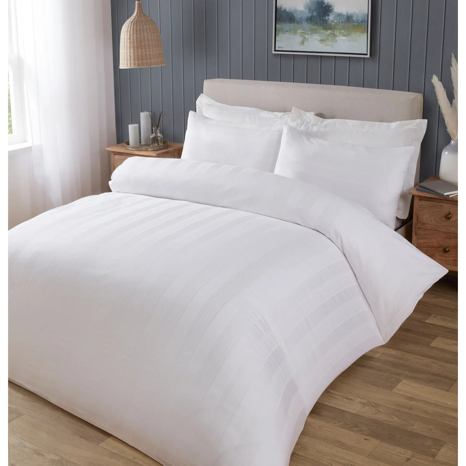 Islington Stripe Sateen King Size Duvet Cover Set - White