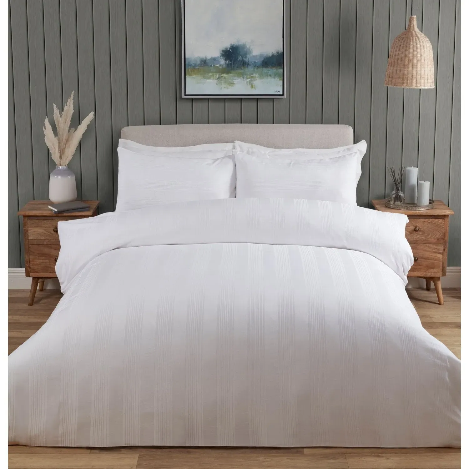 Islington Stripe Sateen Super King Duvet Cover Set - White