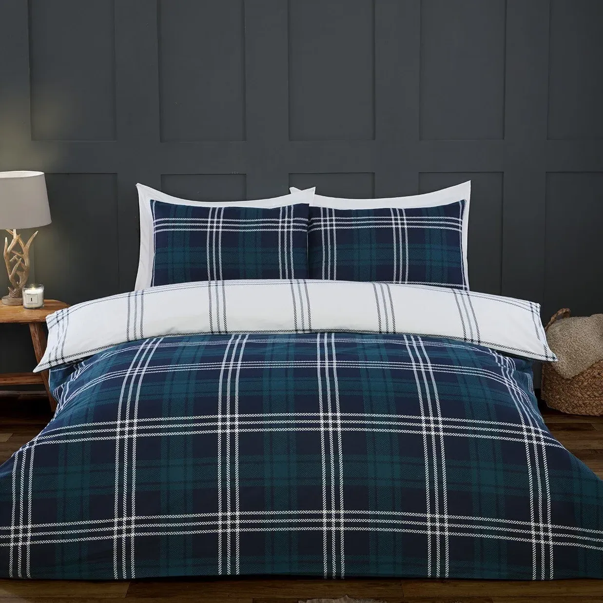 Kirkland Check King Duvet Cover and Pillowcase Set - Navy