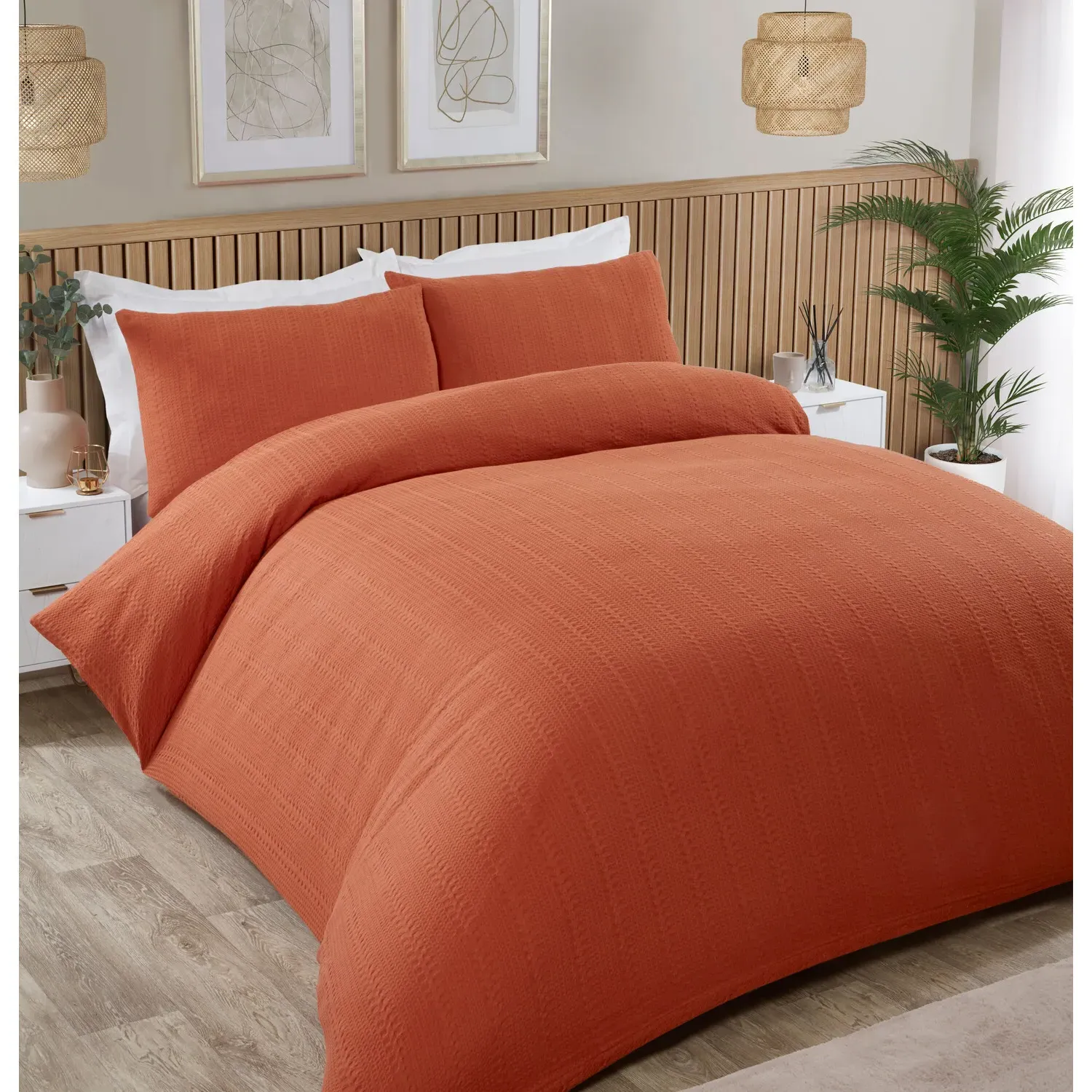 Merida Super King Waffle Stripe Duvet Set - Rust, Cotton