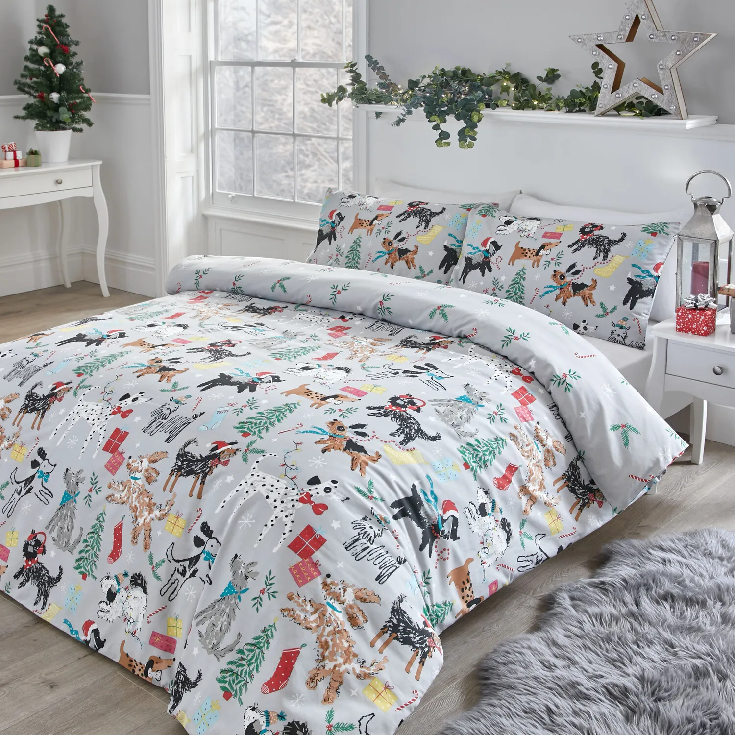 Pawfect Christmas Single Duvet Cover Set - Grey