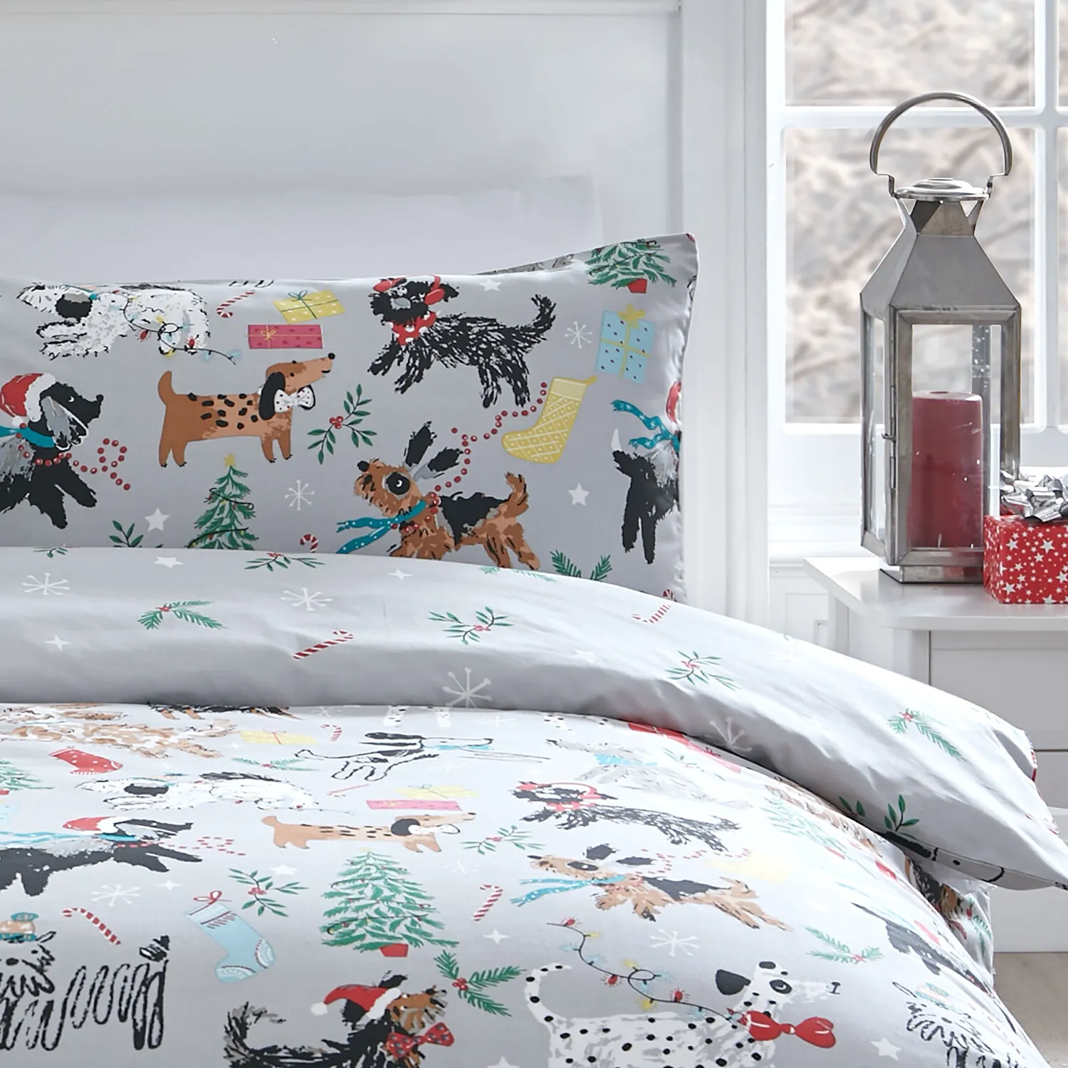 Pawfect Christmas Single Duvet Cover Set - Grey