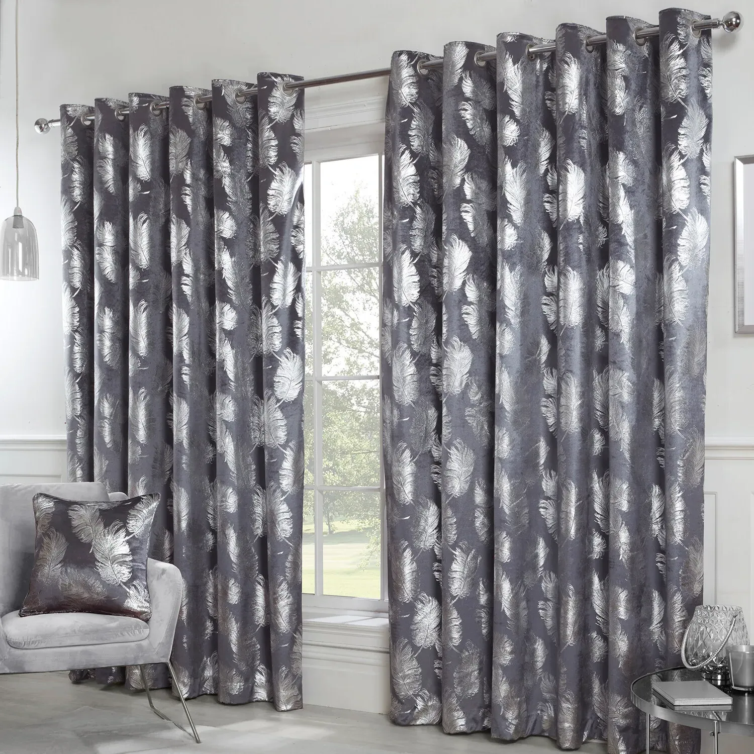 Plume Metallic Feather Curtains - Charcoal, Velvet