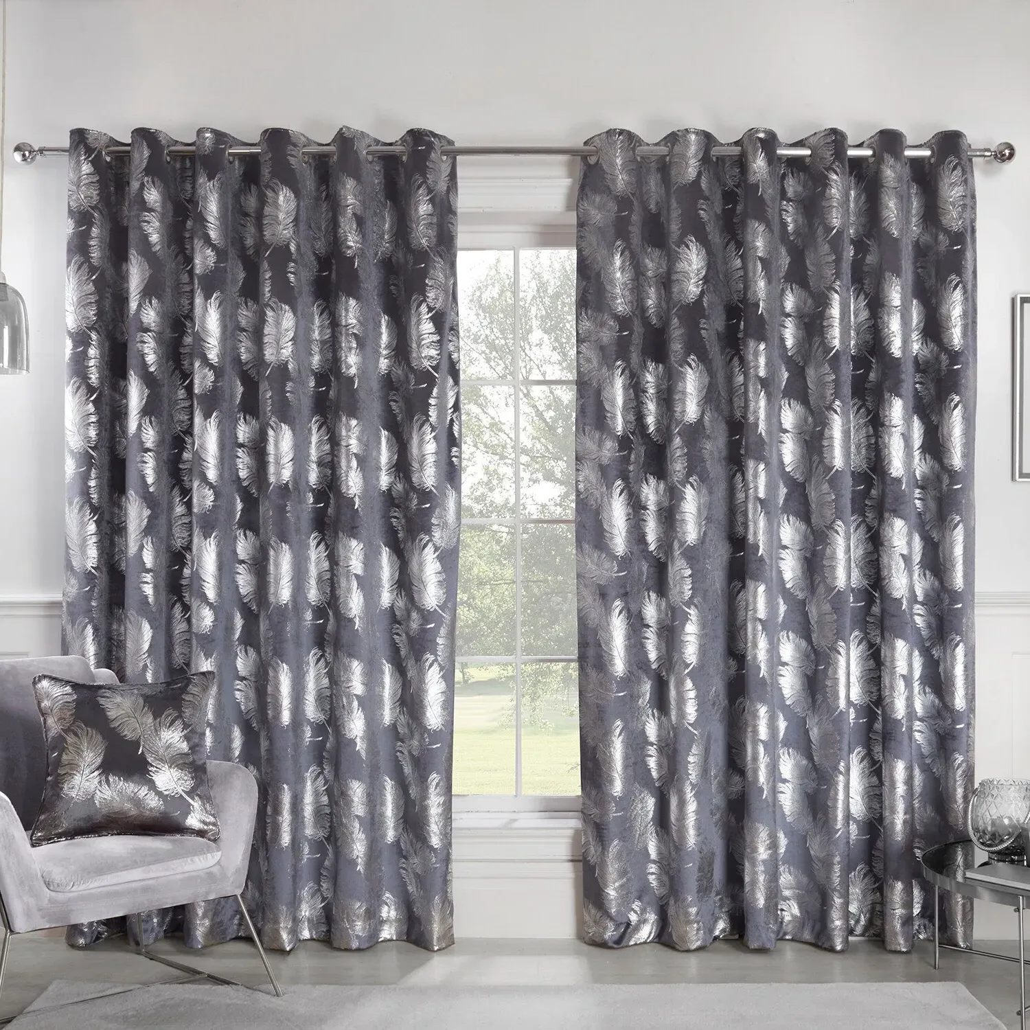 Plume Metallic Feather Curtains - Charcoal, Velvet image